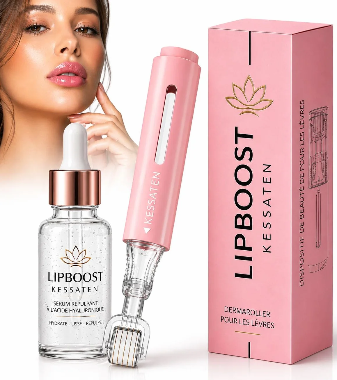 Lip Boost – Repulpeur Lèvres Microneedling – Dermaroller Lèvres 0,25 mm Réservoir – Sérum Acide Hyaluronique + 140 Aiguilles Titane – Lèvres Pulpeuses Sans Injection – Ebook Offert