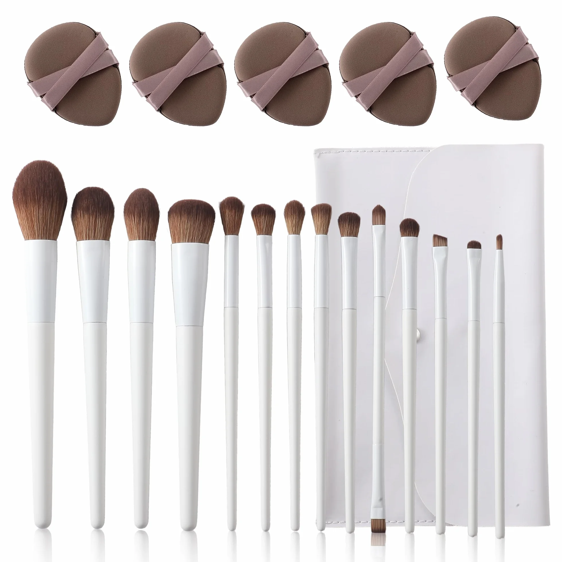 Lot de 14 pinceaux de maquillage synthétiques de haute qualité pour fond de teint, correcteur, fard à paupières, mélange d'eyeliner, pinceaux de maquillage avec support et 5 éponges