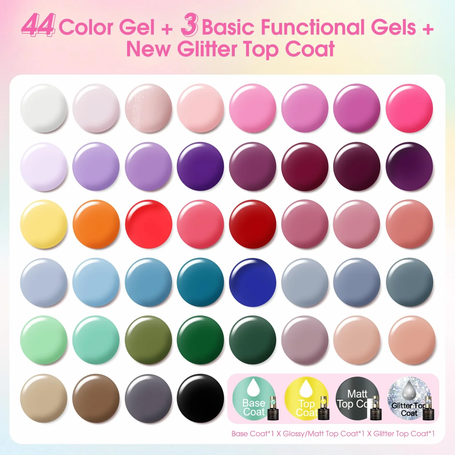 ROSALIND Vernis Semi Permanent 48 Pièces Kit Manucure UV LED Couleurs Gel Blanc Rose Pourpre Jaune Orange Rouge Bleu Gris Vert Marron Noir