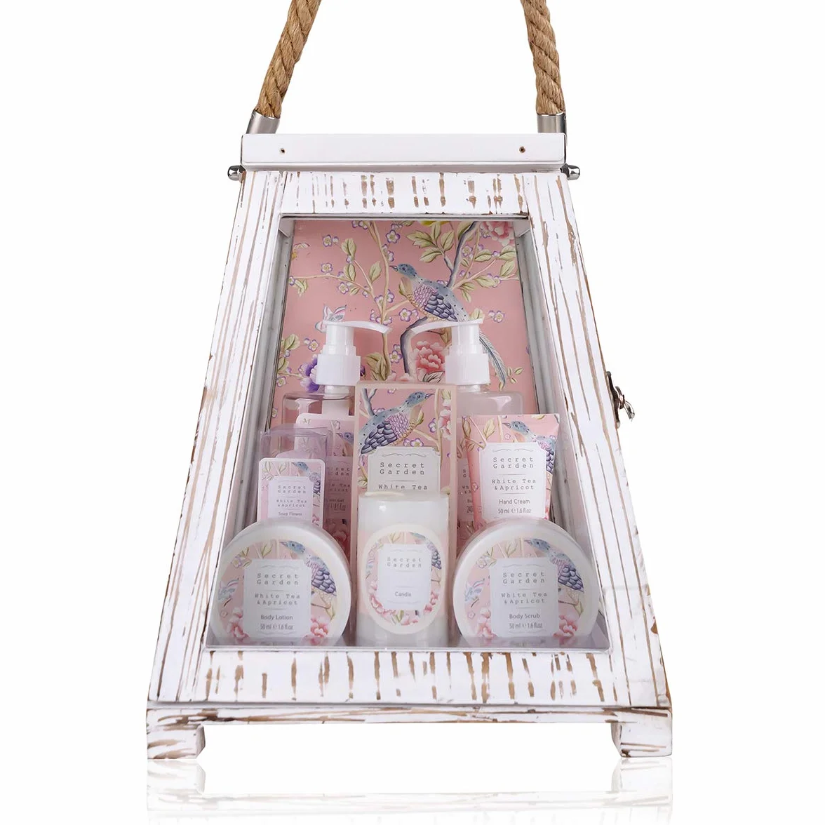 Coffret cadeau Accentra SECRET GARDEN dans une grande lanterne en bois, gel douche, bain moussant, gommage corporel, lotion pour le corps, crème pour les mains, sels de bain et bougie, pour femme