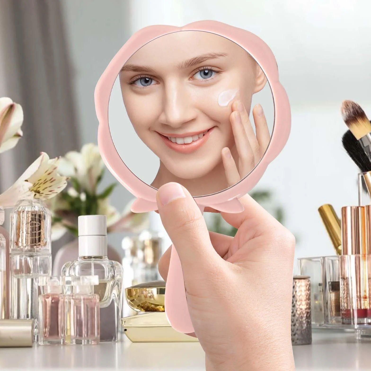 Miroir à Main Rose Portable avec Poignée pour Maquillage Voyages