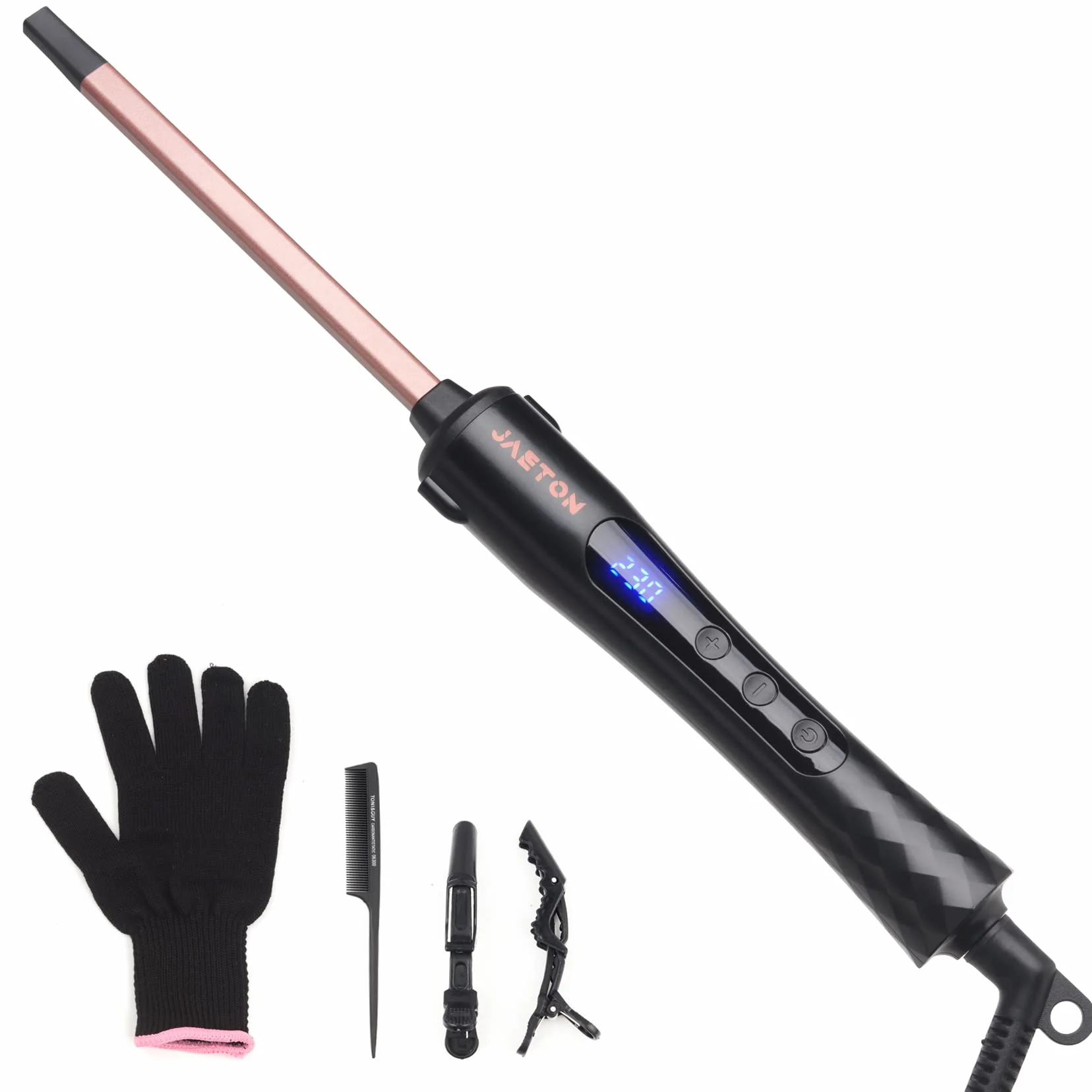 Fer à friser fin 9 mm, boucles serrées, écran LCD 100-230 °C, céramique tourmaline chauffe 30 s, pince pro pour cheveux longs et courts (rose)