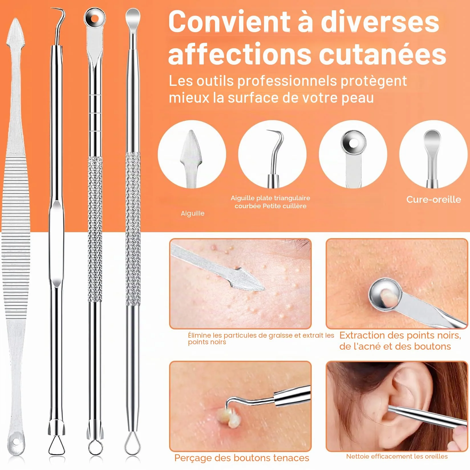 Extracteur Point Noir 15 Pièces Pince Professionnels Acier Inoxydable pour Enlever Boutons Acnés Visage - Blackhead Remover Outil Étui Métal Argent