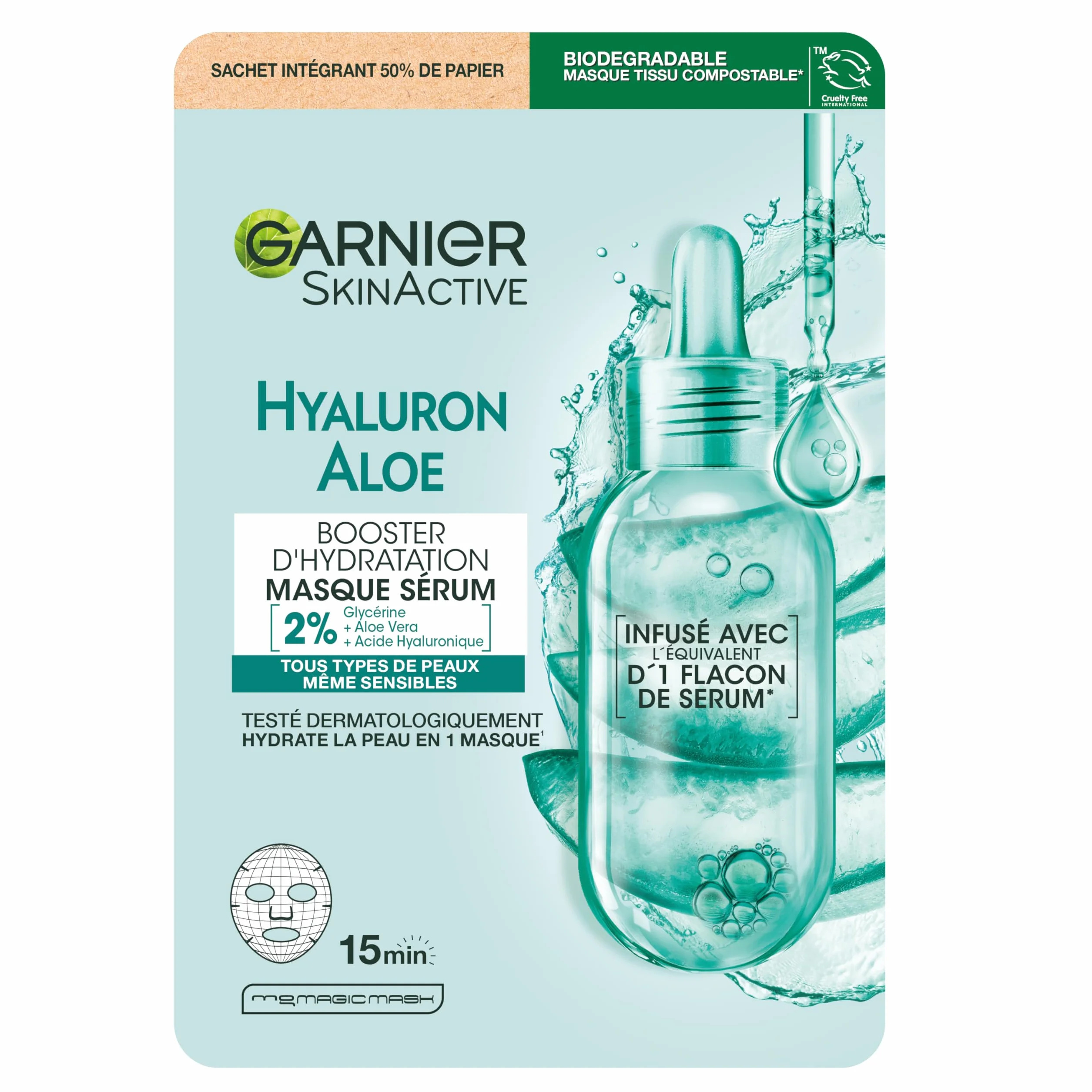 GARNIER Skin Active Masque Tissu Booster d'Hydratation Acide Hyaluronique Glycérine Aloe Vera Peaux Sèches & Sensibles
