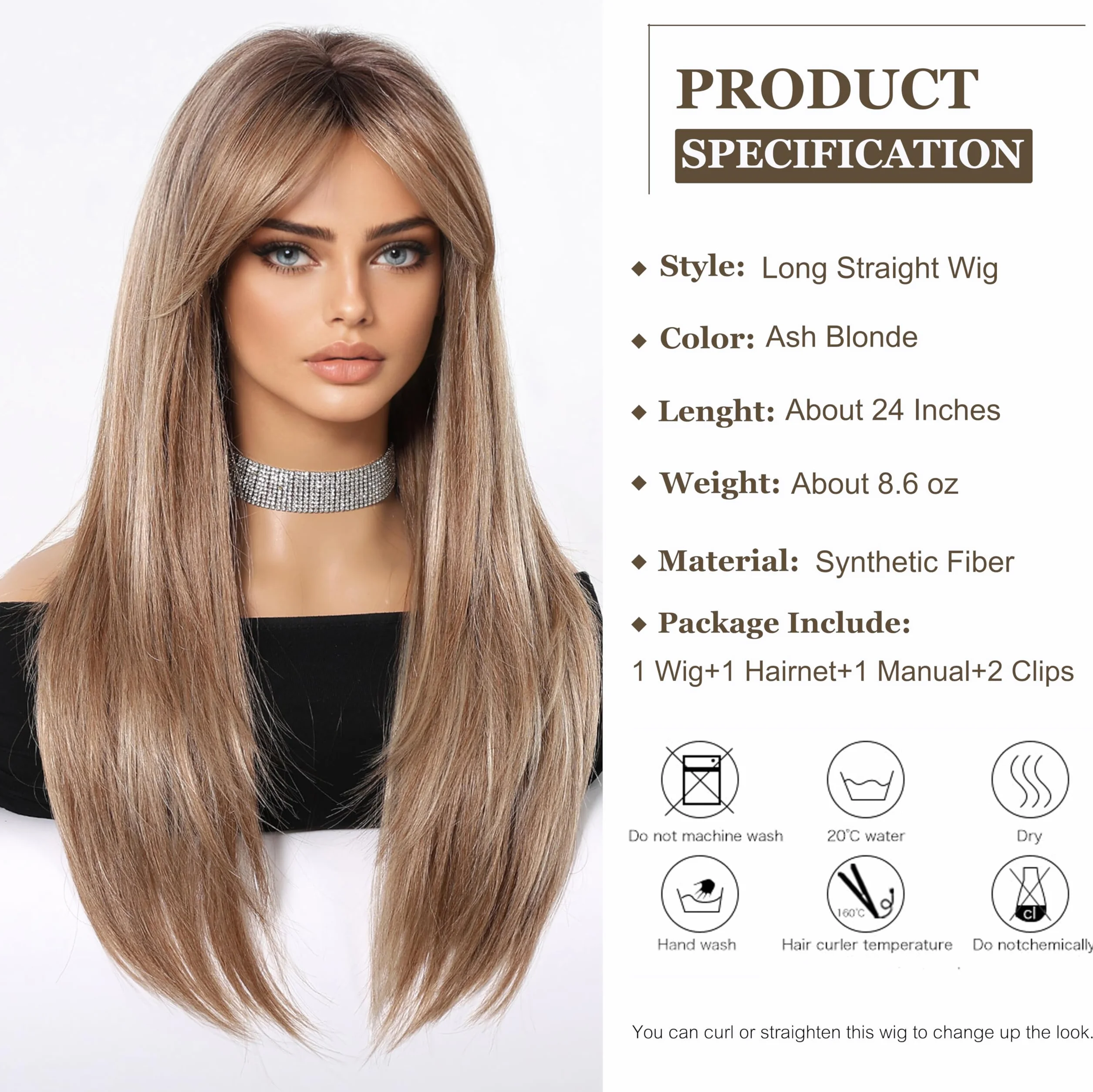 Esmee Perruque Blond Cendré Longue et Droite pour Femmes Perruque à Frange en Cheveux Synthétiques pour Soirée Cosplay Quotidienne
