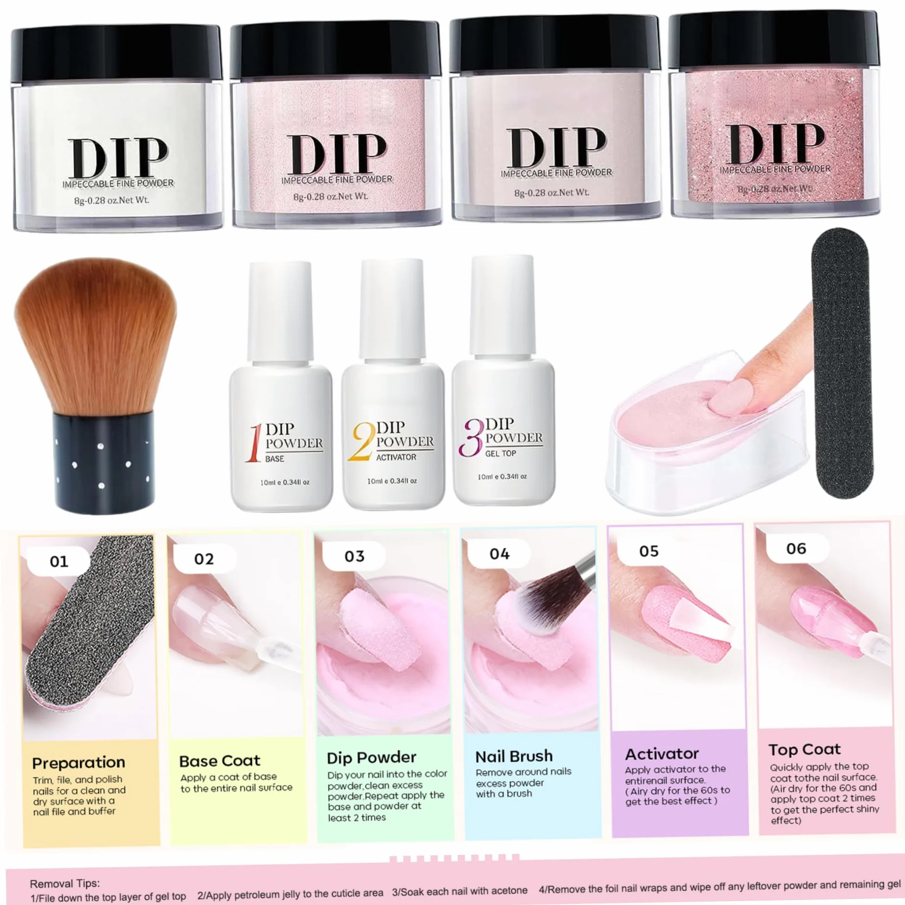 Kit de poudre à ongles 4 couleurs avec activateur base et couche finition pour manucure