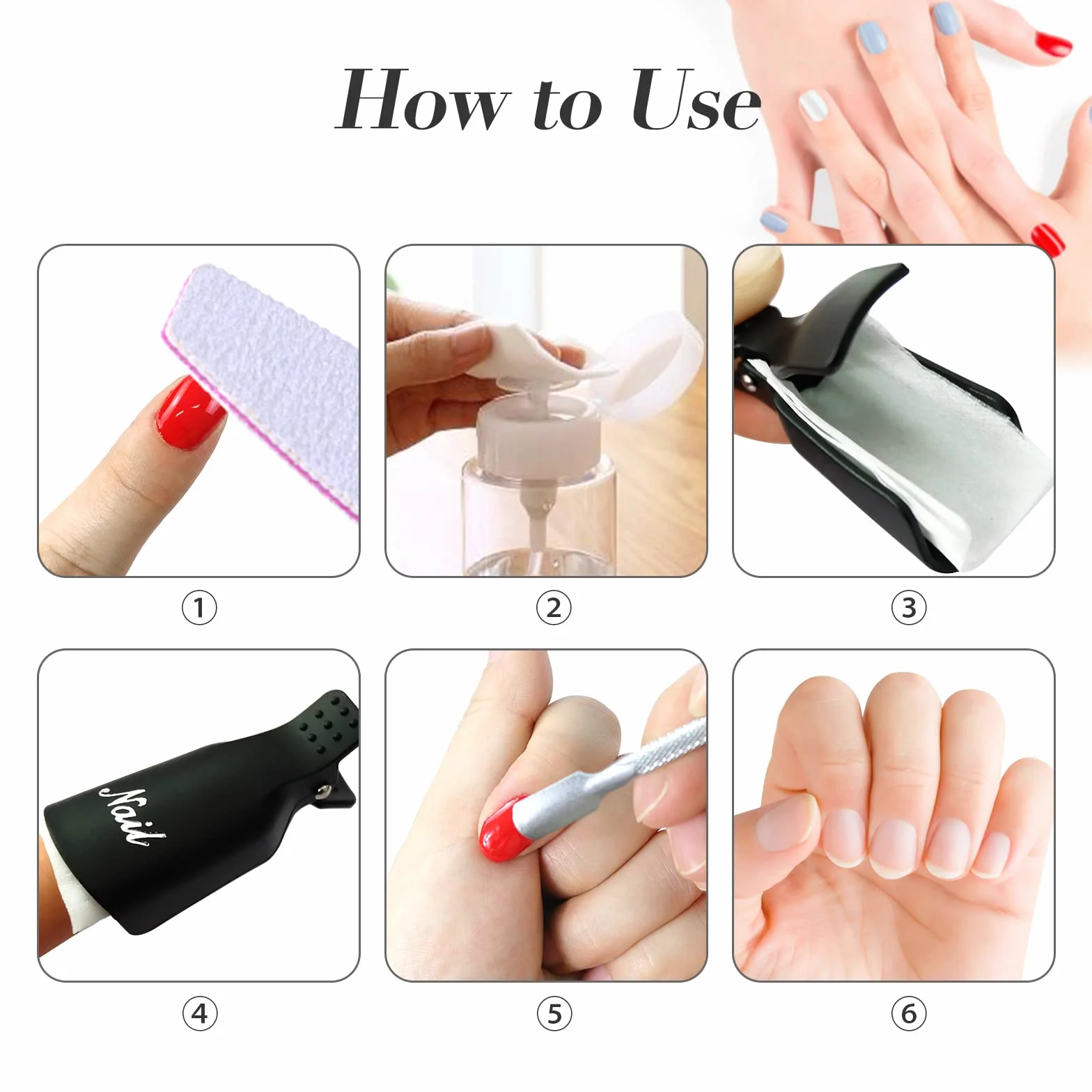 Capuchon Ongle, Clips et Vernis Acrylique, Dissolvant, Clips Gel, Grattoir, Poussoir Cuticules (Noir)