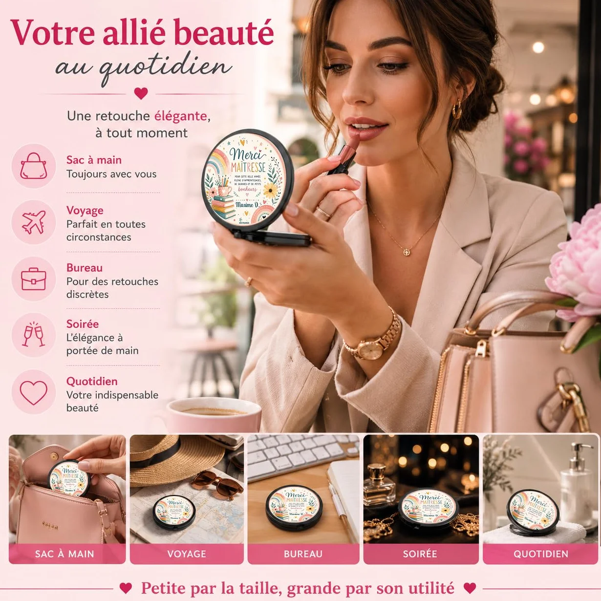 Miroir de Poche Personnalisé Merci Maîtresse – Cadeau Fin d'Année Scolaire – Miroir Compact Femme