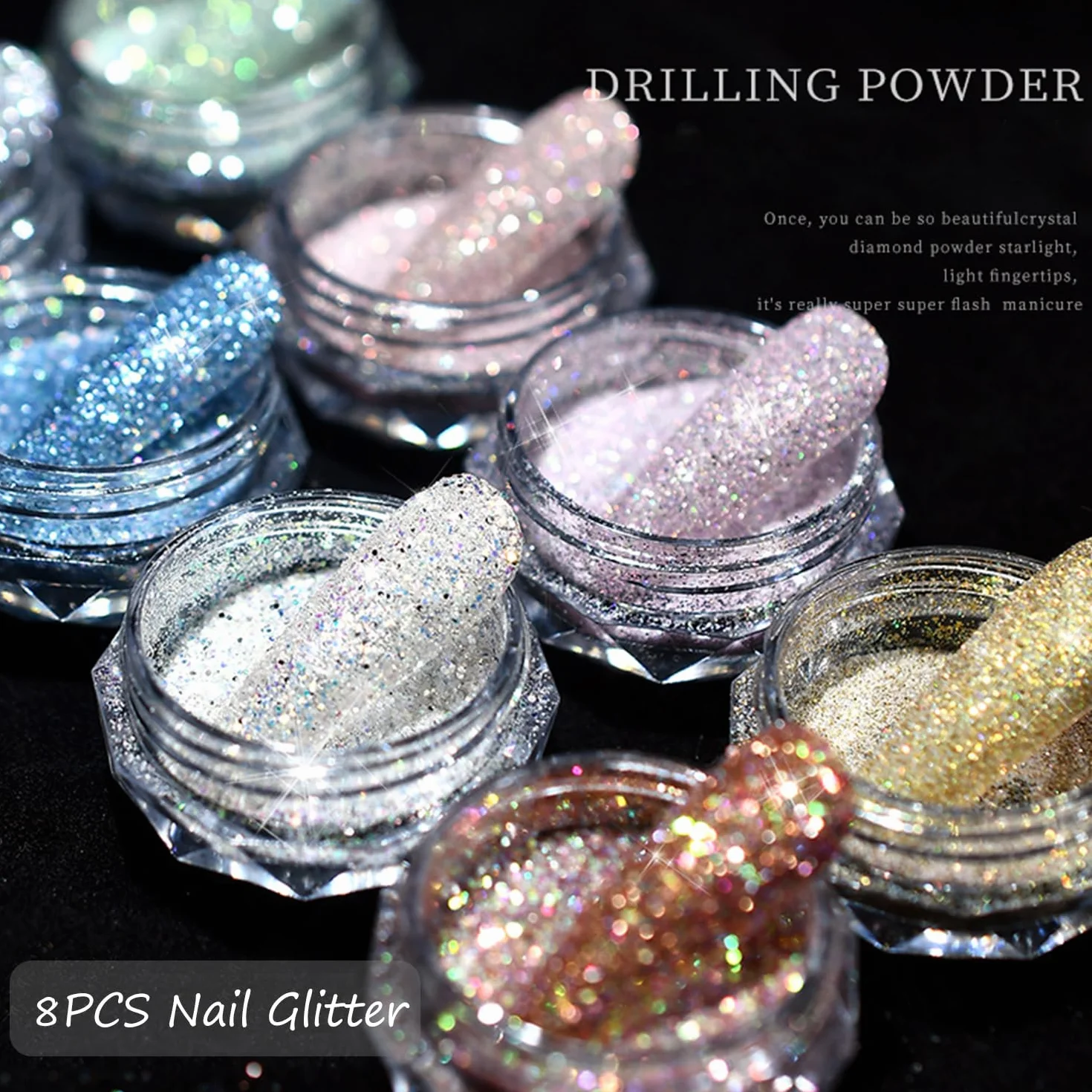 Paillettes Poudre Ongles 8Pcs Diamant Glitter Nail Art Décoration