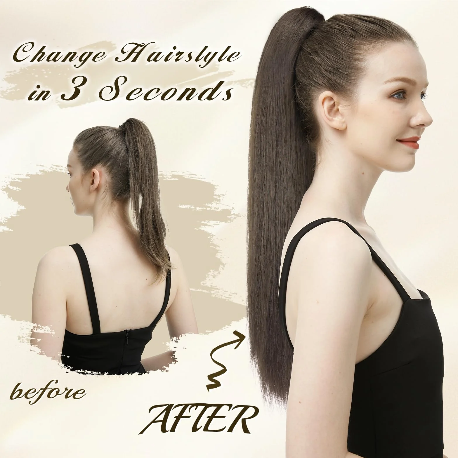 FESHFEN Queue de Cheval Lisse Pince - Postiche Cheveux Naturel Longue Raides Postiches Brun Foncé et Auburn Clair Synthétique Fausse Claw Clip Ponytail Extensions pour Femmes, 63 cm