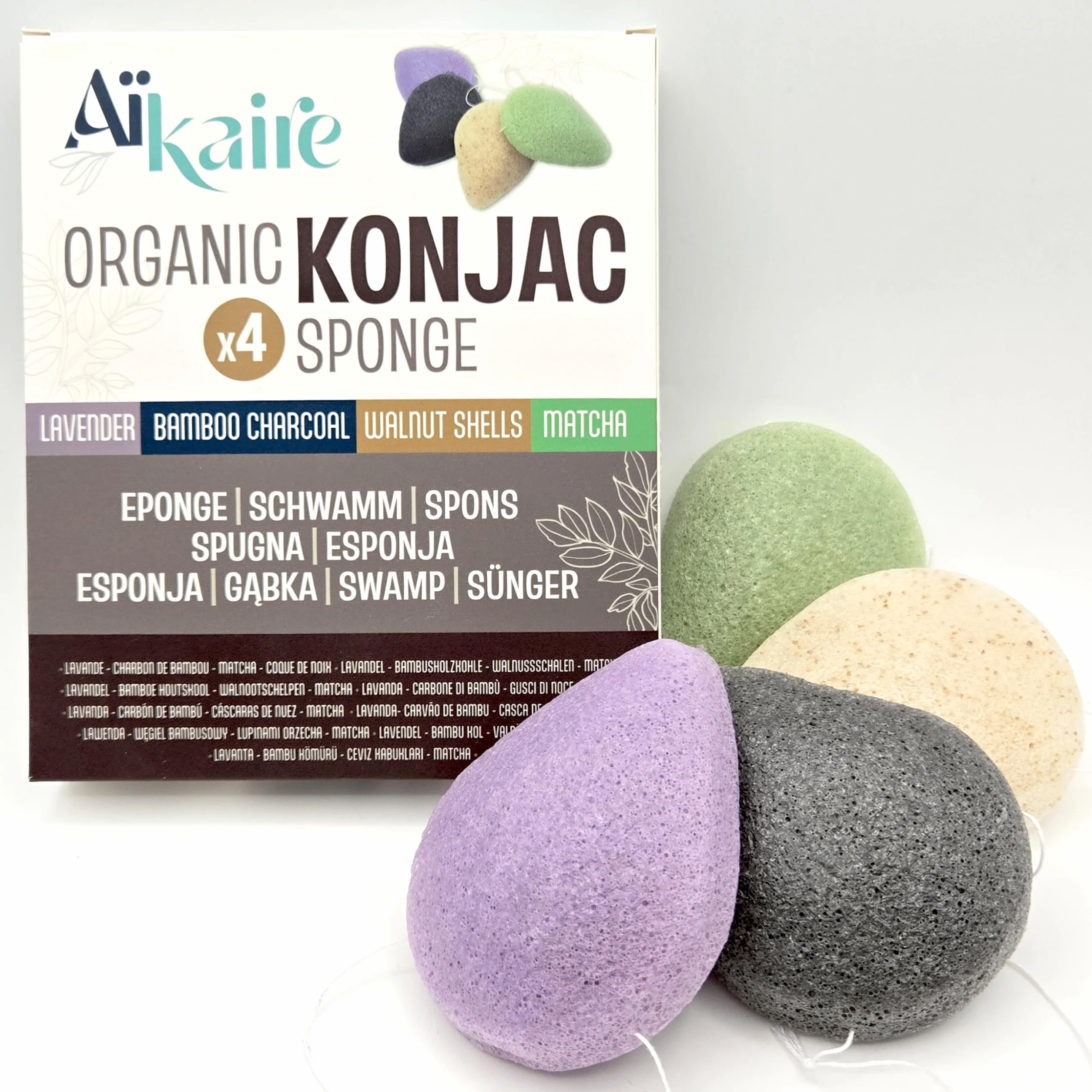 Eponges de Konjac Bio visage thé vert charbon lavande coques de noix Lot de 4 gouttes exfoliante végétale naturelle nettoyante