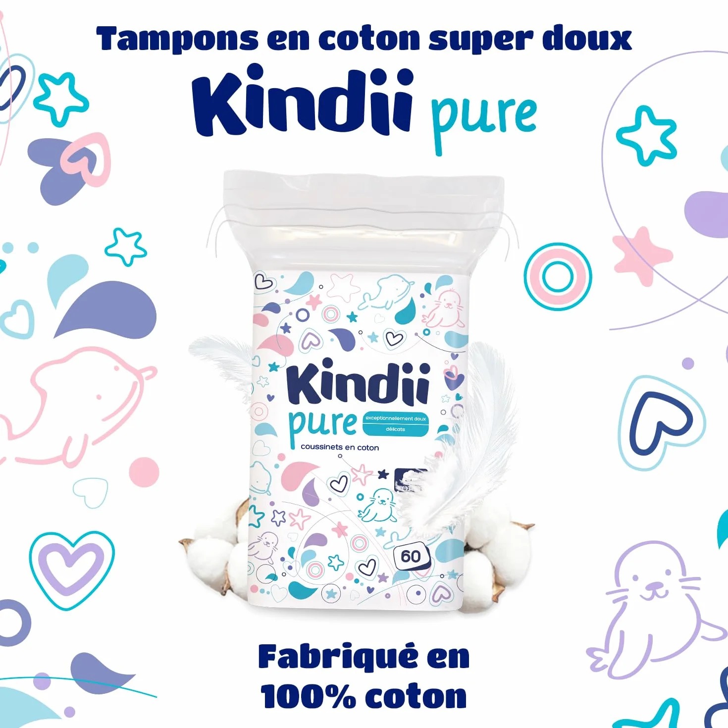 Kindii Tampons Carrés pour Bébé 100% Coton 60 Pièces