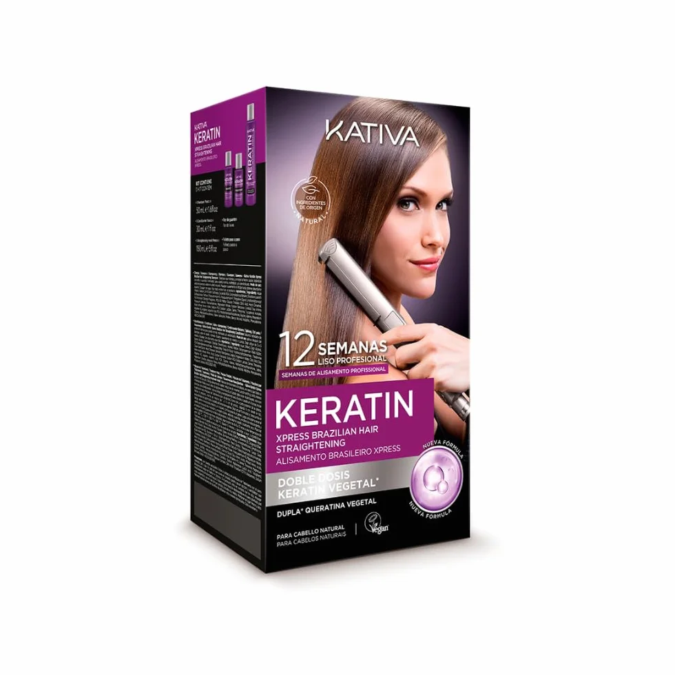 Kativa Keratin Kit Lissage Brésilien à la Kératine Végétale, Traitement Lissant Anti-Frisottis sans Formaldéhyde ni Sulfates, Cheveux Lisses jusqu’à 12 Semaines