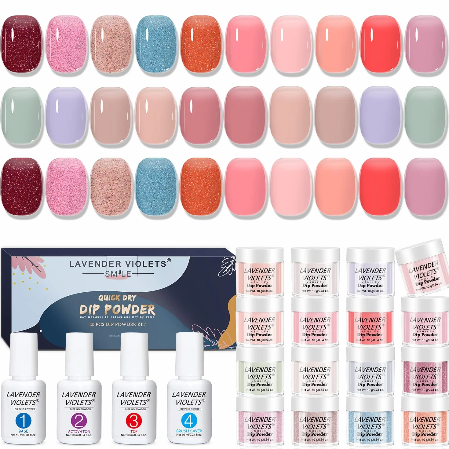 Lavender Violets Dip Powder Nail Kit 20 Pcs Semi-translucent Multicolore Poudre acrylique Effet de gelée Mit Base Activateur Top Brush Saver
