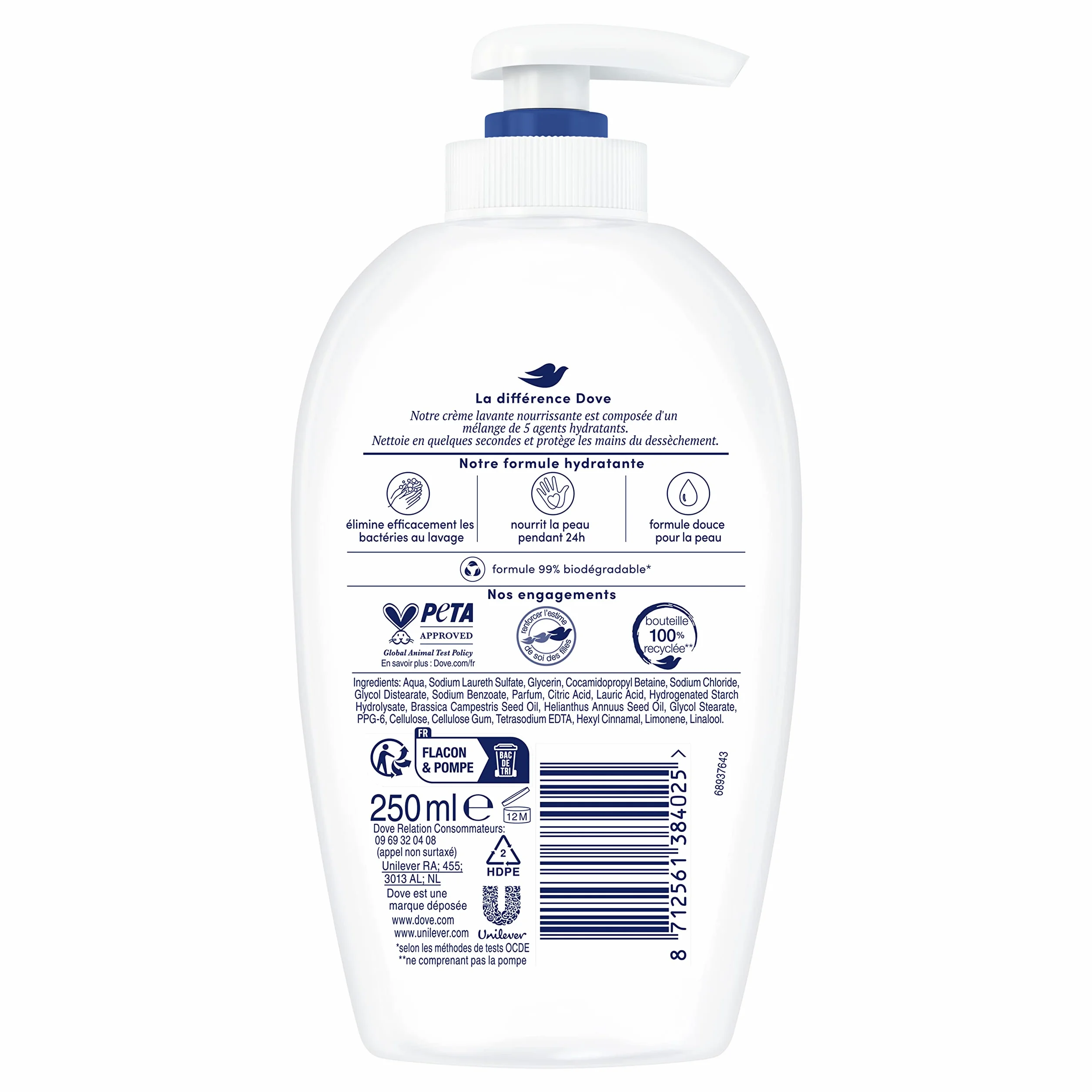 DOVE Crème Lavante Pompe 250 ml Lot de 6 - 6x250ml