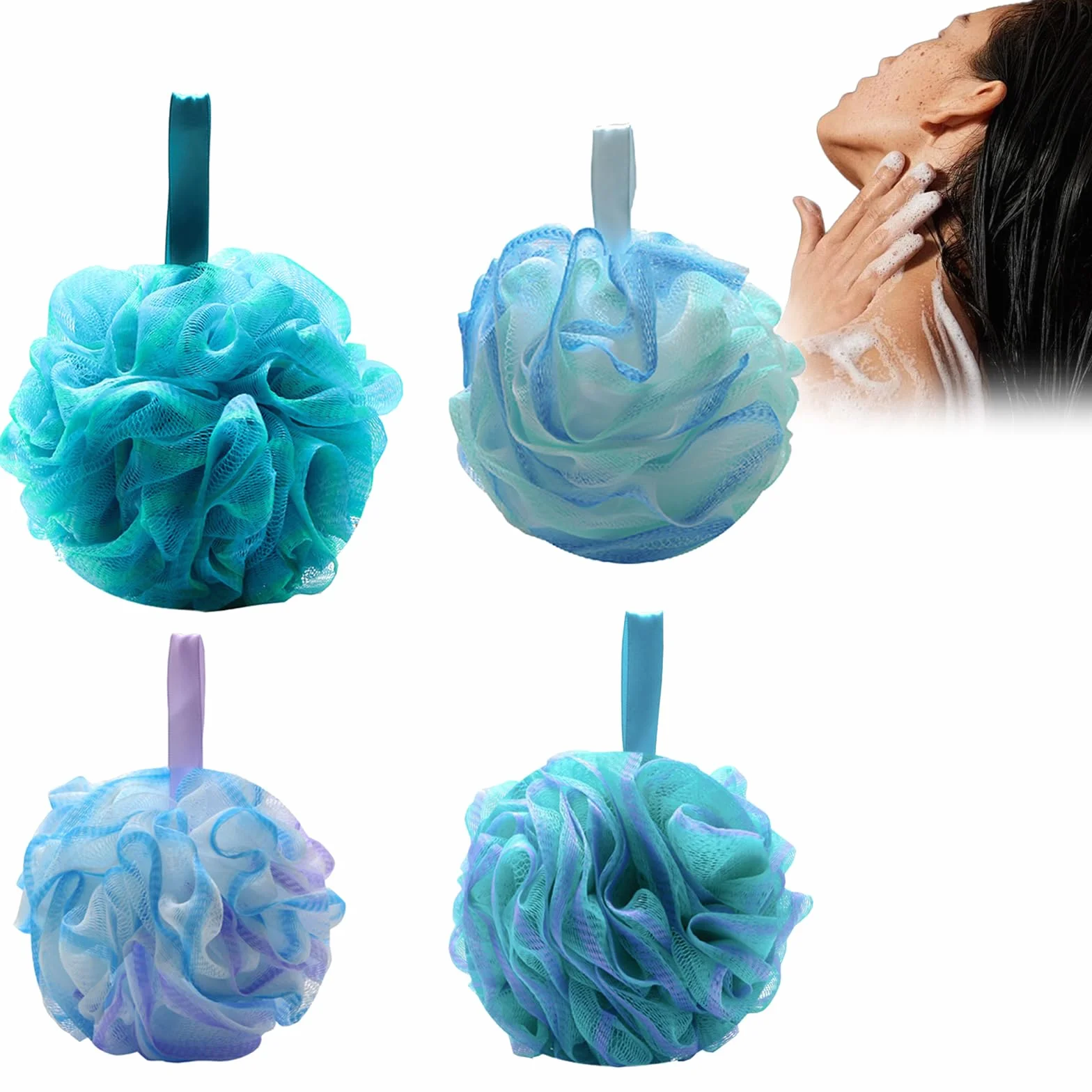 Éponges de bain en luffa pour gommage et massage du corps - Lot de 4 avec ruban - Maille douce motifs floraux
