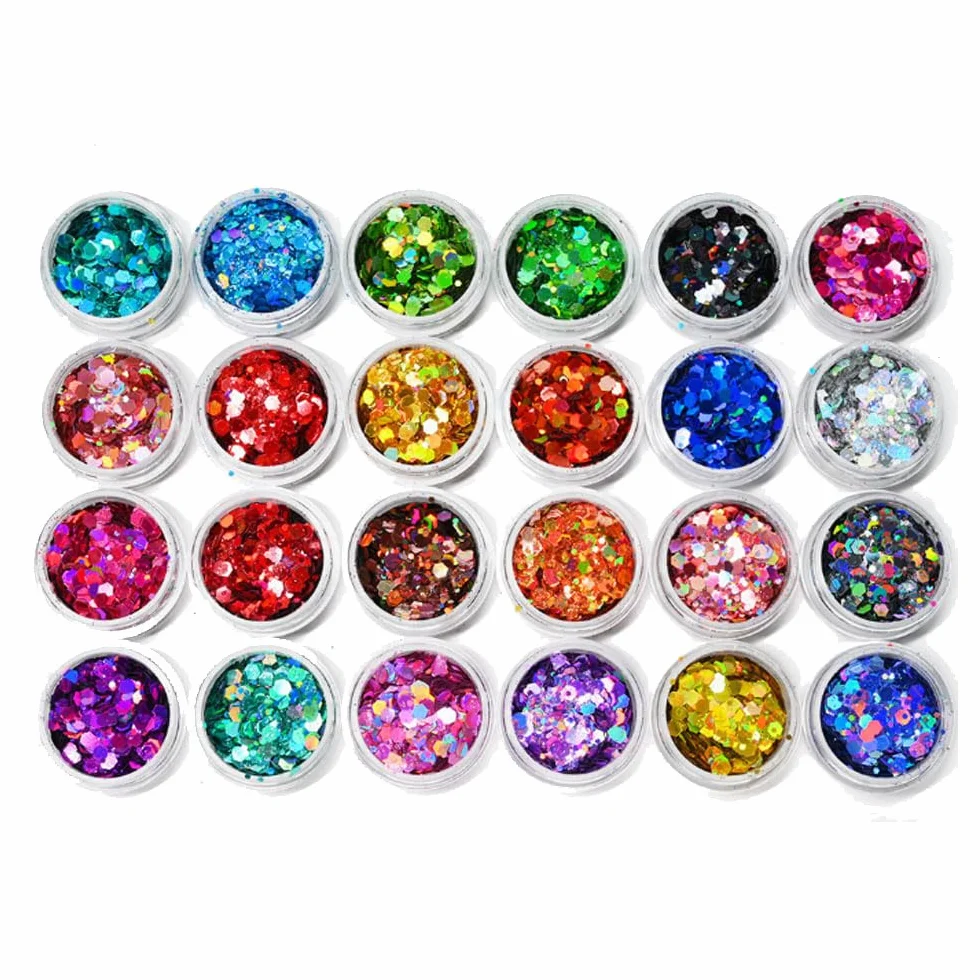 Paillettes pour ongles et maquillage yeux, 24 couleurs holographiques épaisses, lot art de l'ongle fête