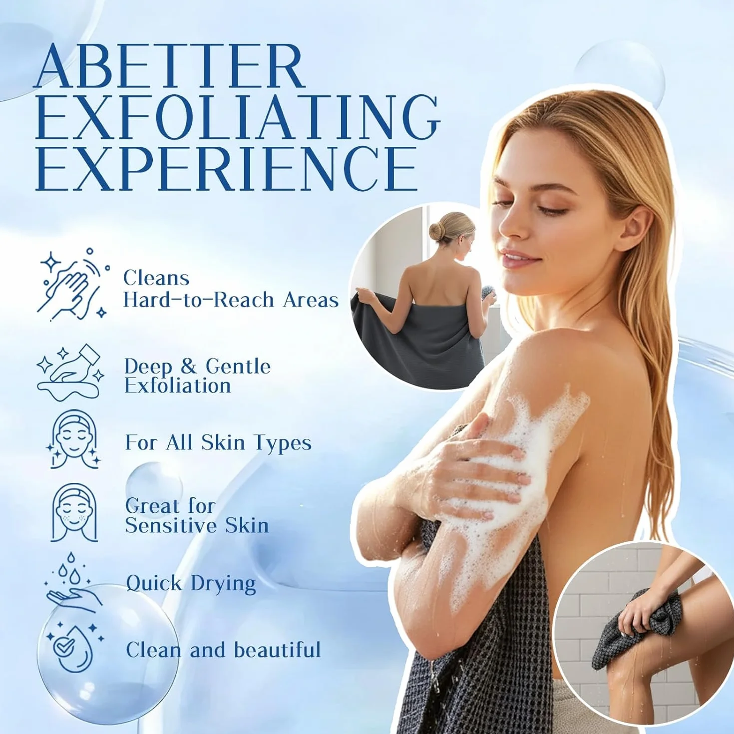 Ecovia Serviette Exfoliante Douche Fibres Bambou Charbon Actif Exfoliation Douce Peaux Sensibles Rugueuses 3Pack