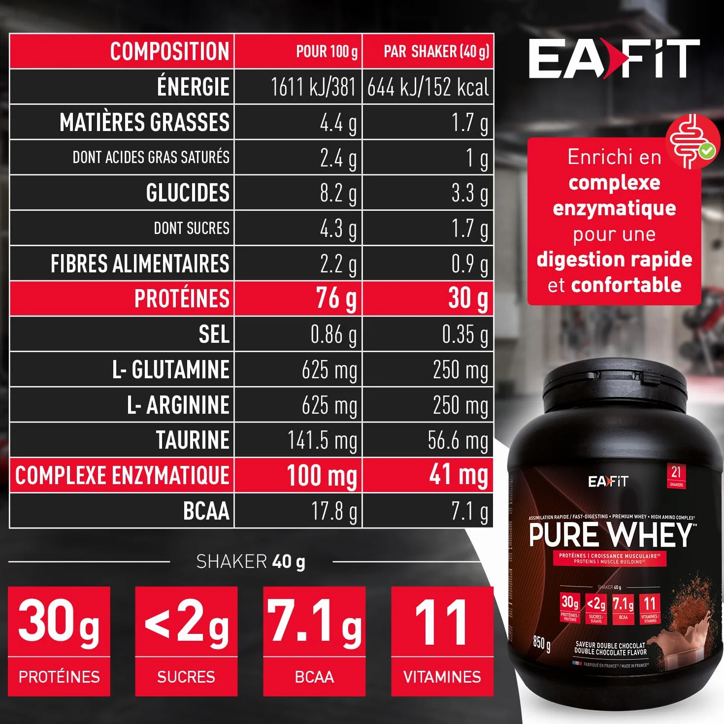 EAFIT Whey Protein Double Chocolat 850g 30g Proteine BCAA Pre Workout