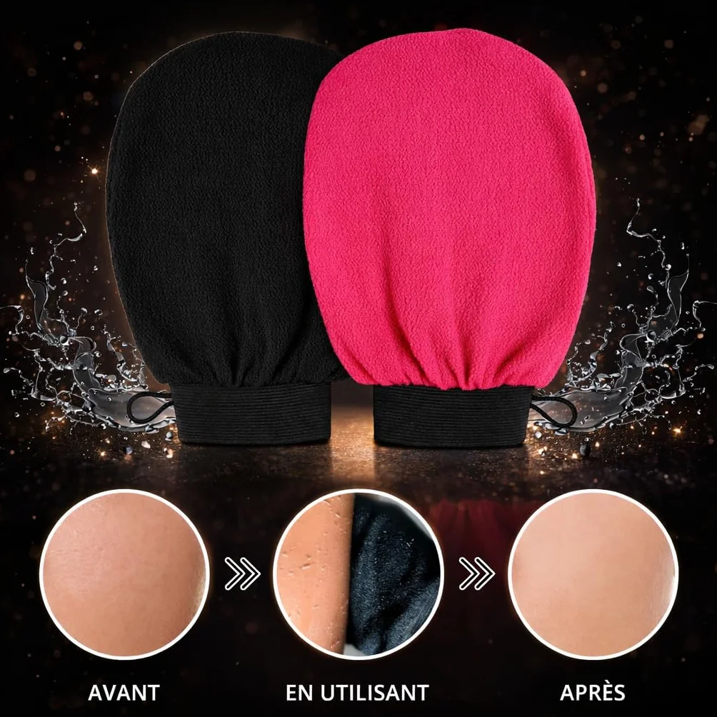 Gant Exfoliant Kessa - Gant De Crin Gommage Corps Et Visage - Nettoie Et Purifie En Profondeur (Noir/Rose, Standard)