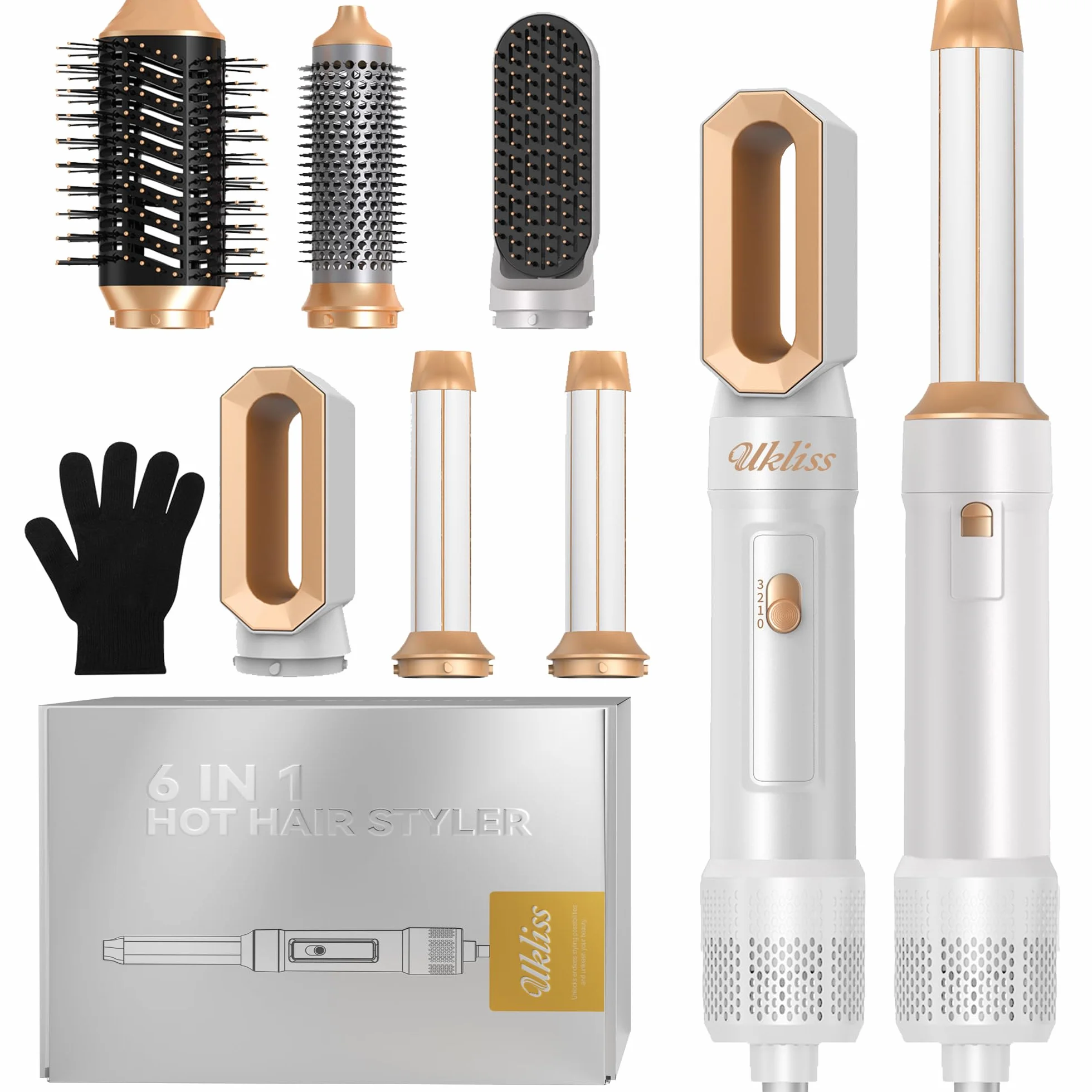 UKLISS Brosse Chauffante Brushing 6 en 1 Hairstyler 1000W Sèche-Cheveux avec Boucleur à Air Blanc Pro