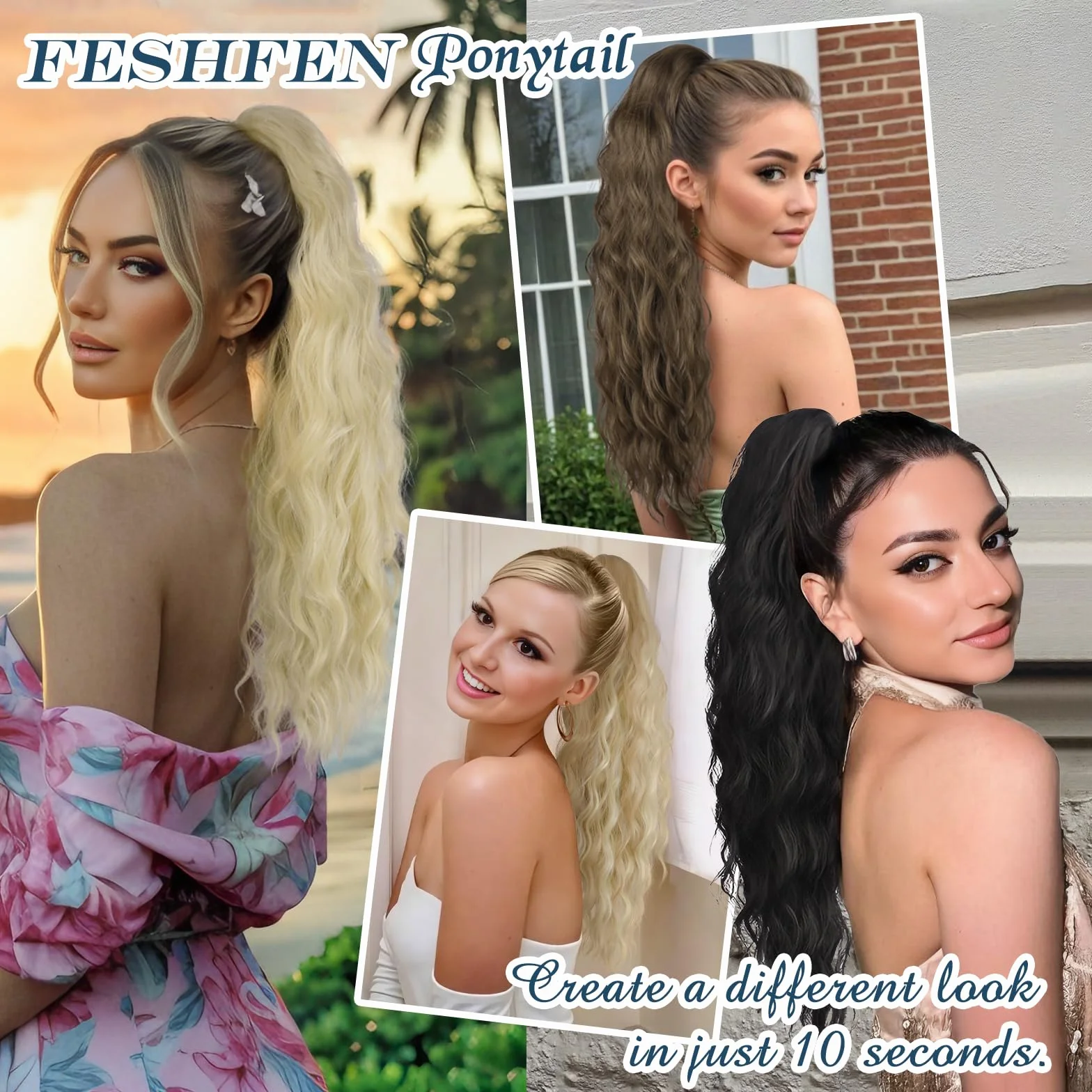 FESHFEN Postiche Queue de Cheval Noir Ondulé Longues, Extension Ponytail Cheveux avec Peigne Ponytails Bouclé Naturel Cordon Synthétique Postiches pour Femmes, 60 cm