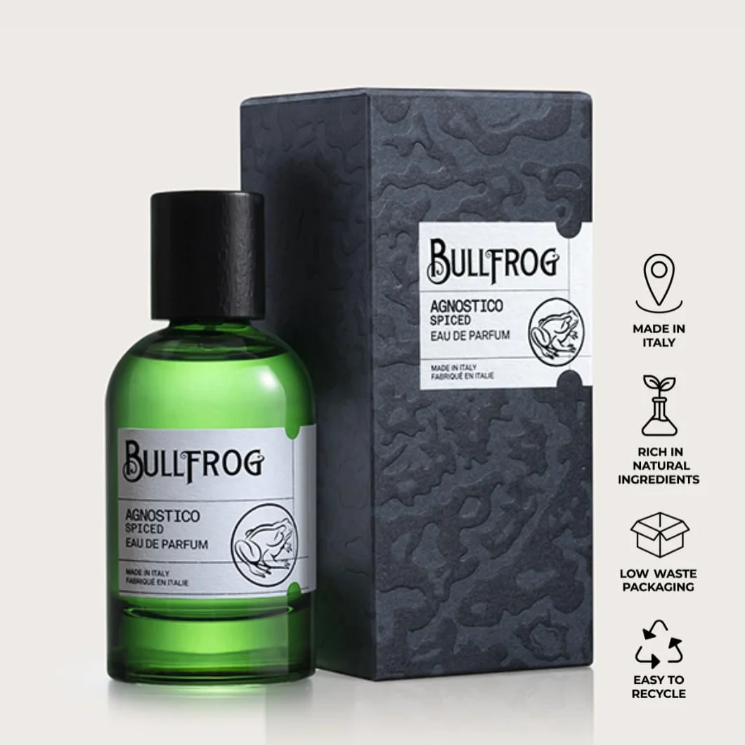 Bullfrog Eau de Parfum Agnostico Spiced 100 ml – Parfum pour Homme, Notes de Poivre Rose, Thym, Anis Étoilé, Bois de Cèdre et Gaïac, Fabriqué en Italie
