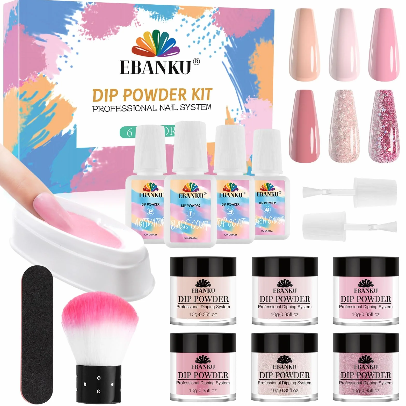 EBANKU Kit de Poudre Trempage pour Ongles 6 Couleurs Rose Chair Paillettes avec Base/Top Coat Activateur Manucure