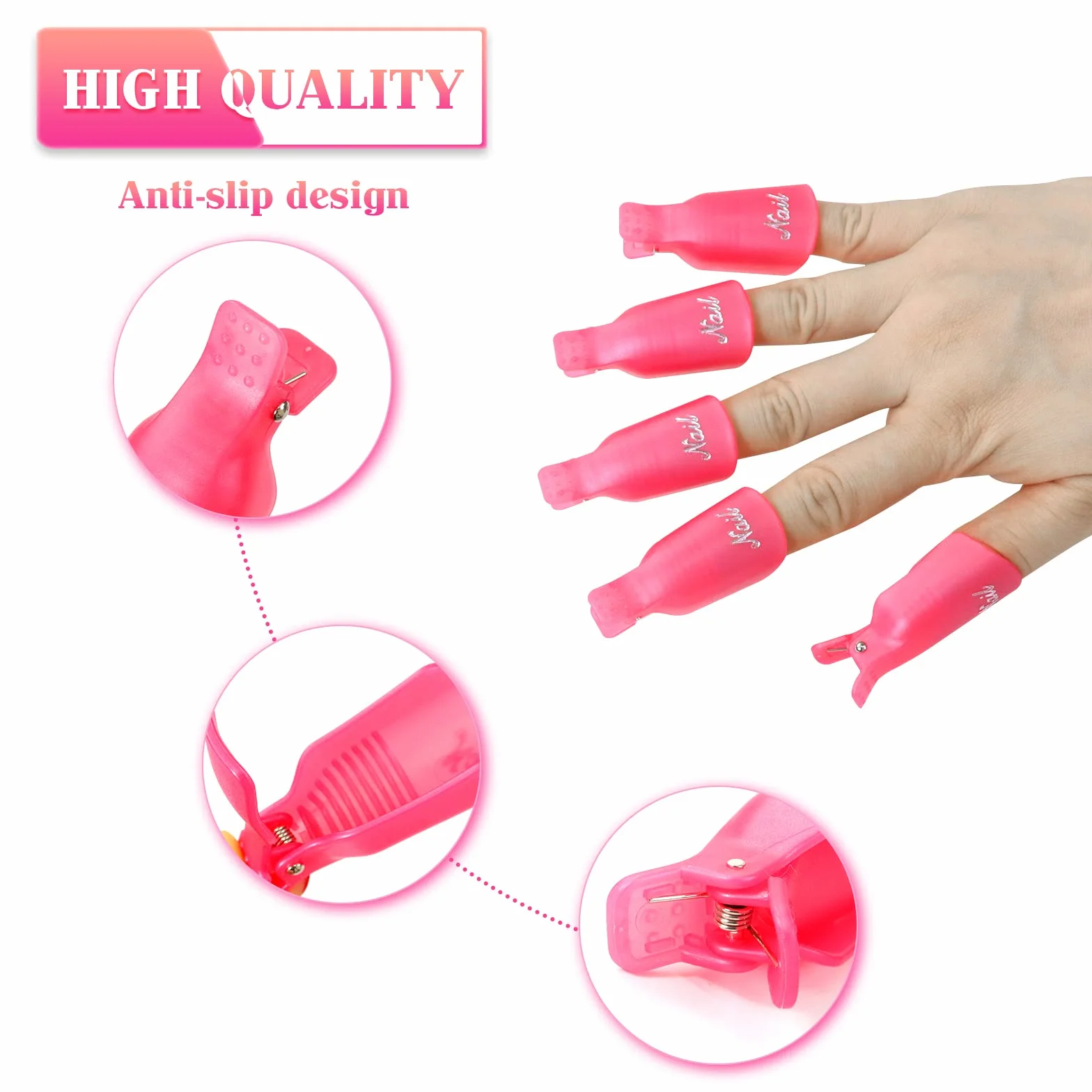 Capuchon Ongle, Nail Art Clip, 10 Pcs Pinces à Ongles En Plastique, Clip Ongles Semi Permanent pour Nettoyage Retirer Vernis Gel UV Outil Capuchon Plastique Rose