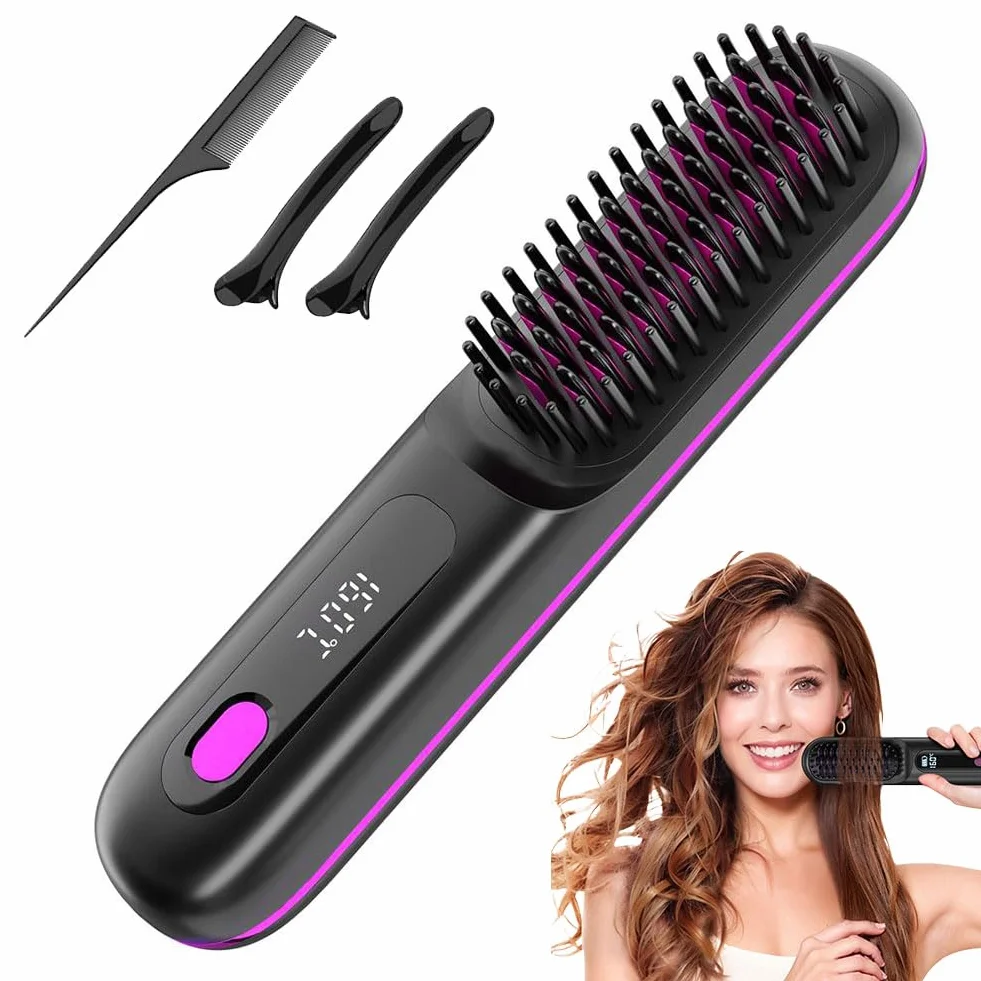 Brosse à Cheveux électrique sans fil Rechargeable Chauffante avec affichage LED 3 Niveaux de Température Lisser Boucler
