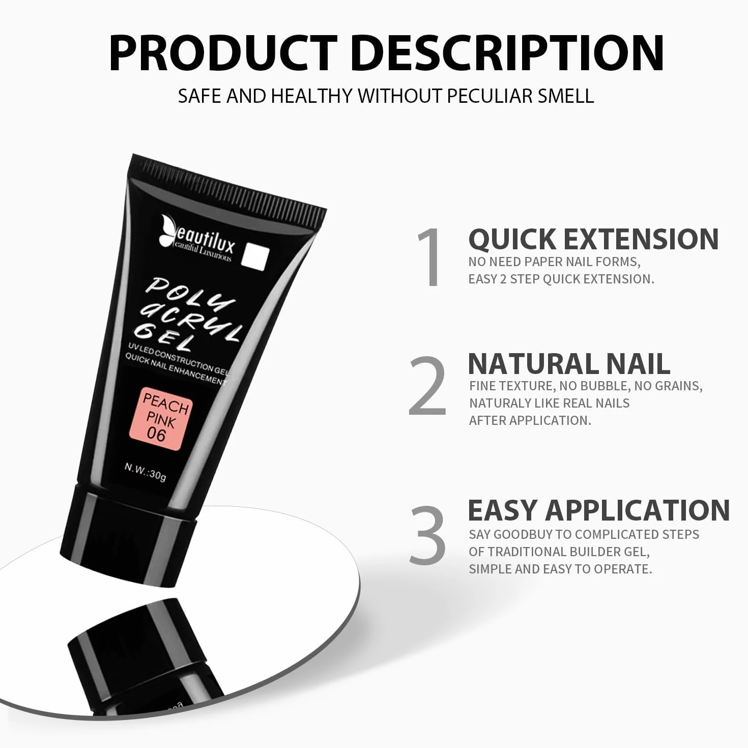 Beautilux Acrylique Gel Nail Peach Pink 30g Long Lasting Acrygel Extender Gel