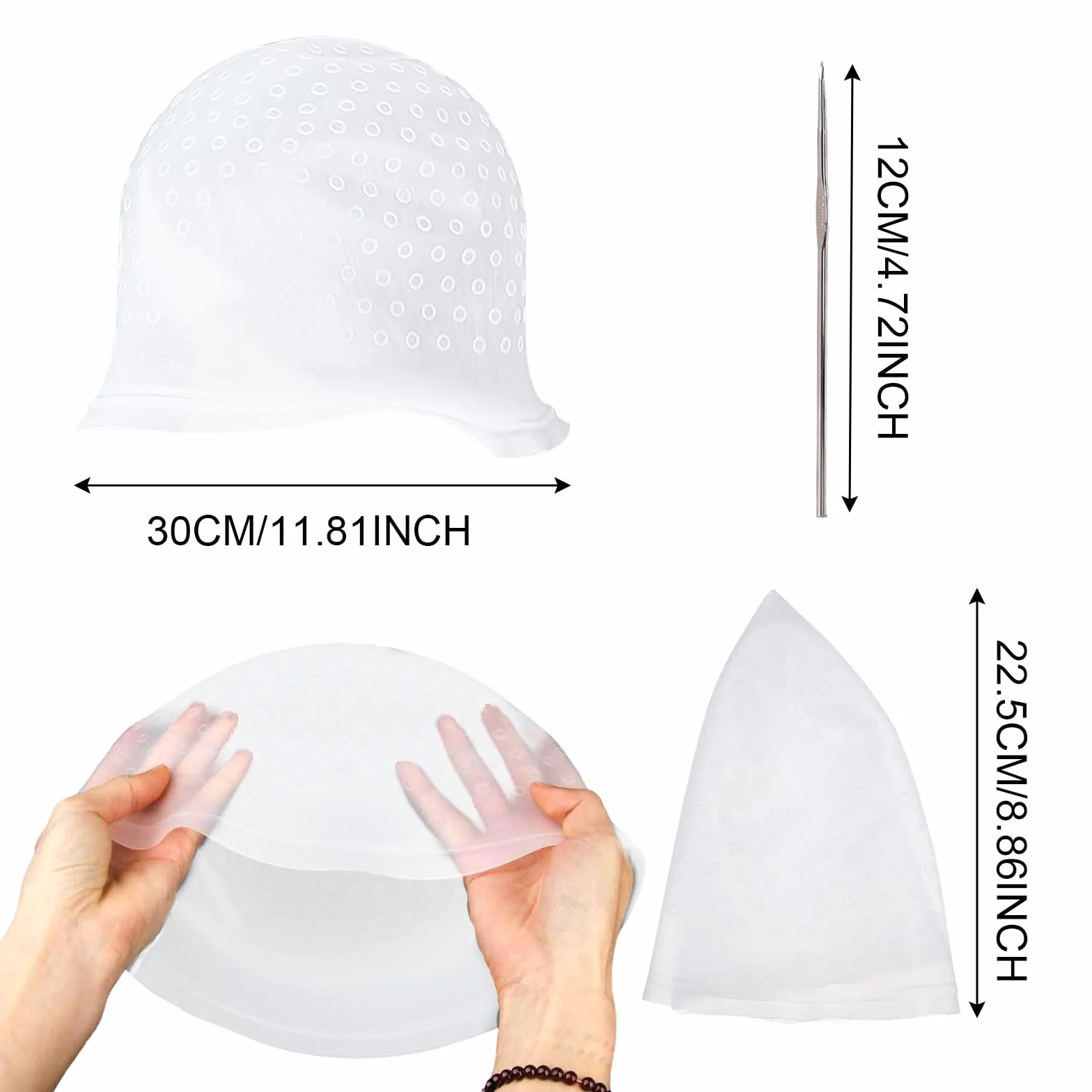 Bonnet à Mèches en Silicone 4 Pièces avec Crochet, Chapeau de Coloration Reutilisable, Outils de Coiffure Blanc