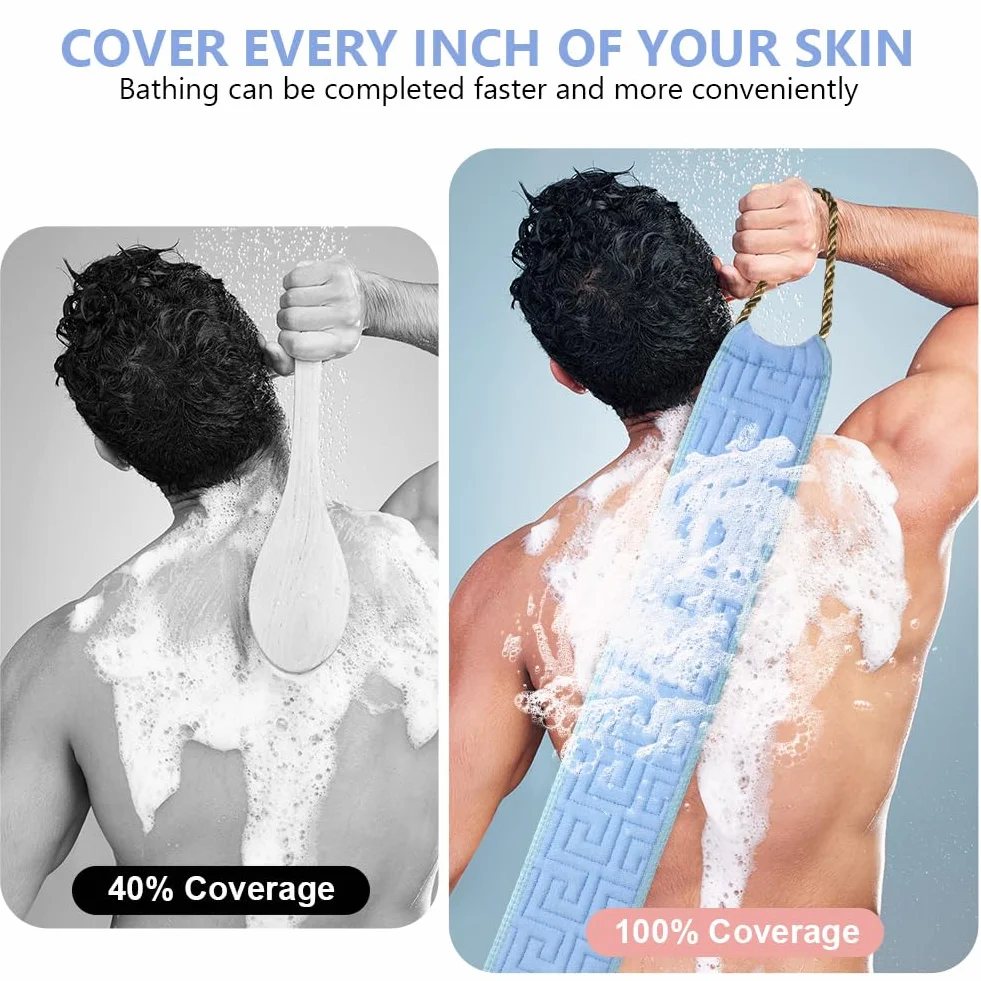 Gant de Toilette Exfoliant Double Face avec Poignées Gommage du Dos pour la Douche Homme Femme Bleu Océan