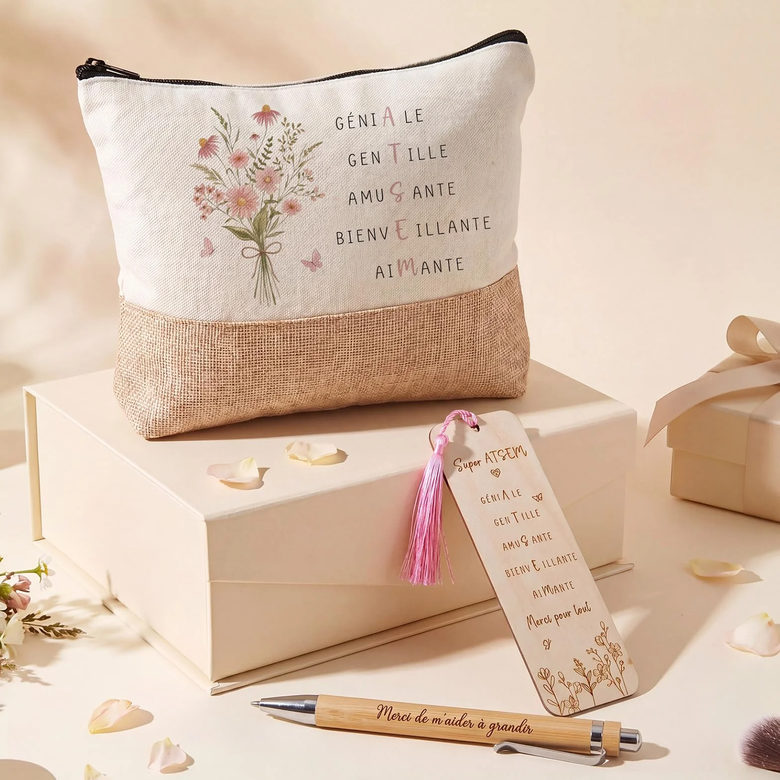 Photect Trousse à Maquillage Marque Page Maitresse en Bois avec Pompons Stylo à Bille Cadeau pour Atsem Noël
