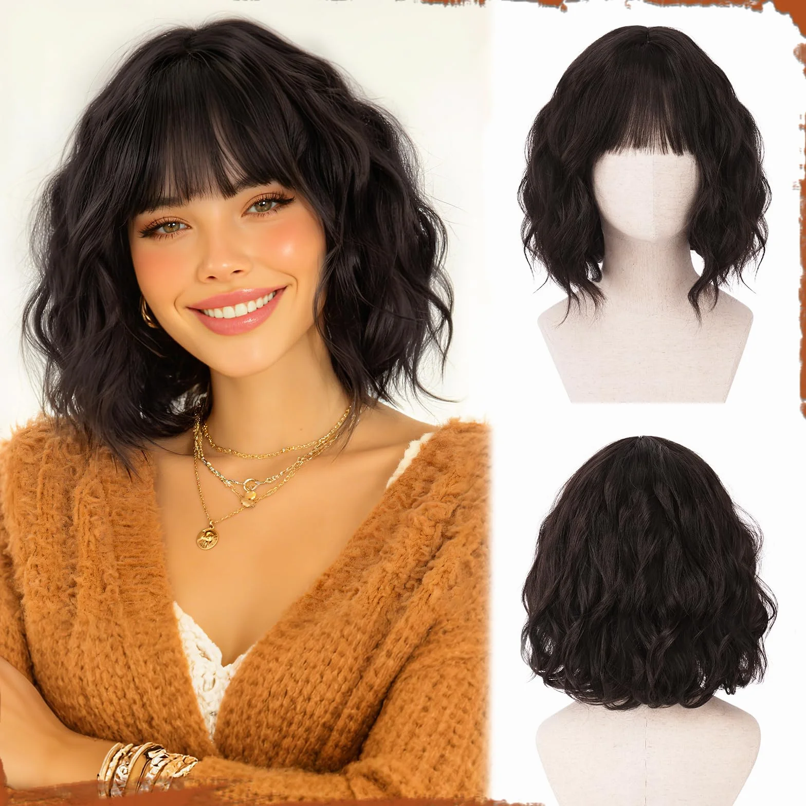 Sofeiyan Perruque Courte Ondulée 30 cm avec Frange, Cheveux Synthétiques Marron Foncé pour Femme Résistante à la Chaleur Naturel Bouclée pour Usage Quotidien et Cosplay