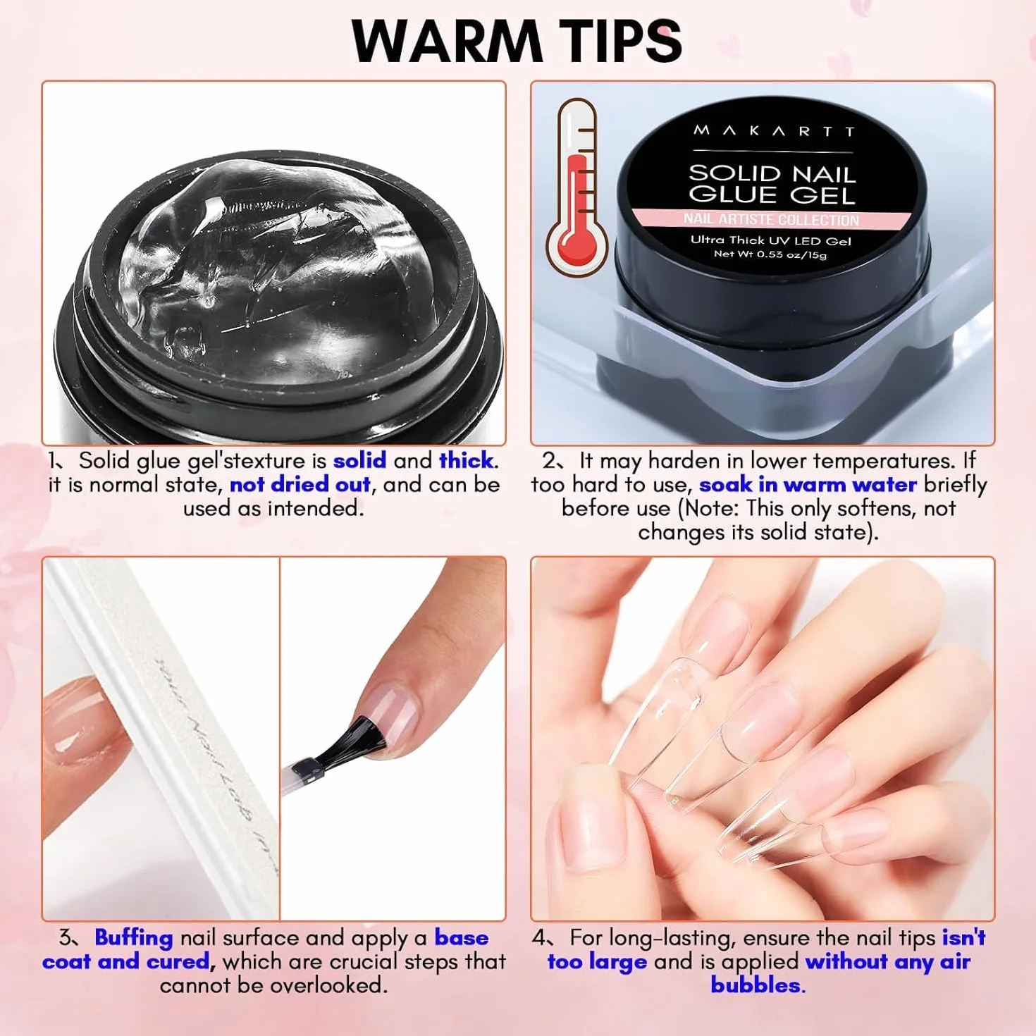 Makartt 15ml Solide Colle Faux Ongles 4 en 1 Adhésif Ultra Fort pour Gel 3D Nail Art, Ongles Pressés, Colle à Strass, Acryliques Formule Non Tac, Durcie au UV/LED