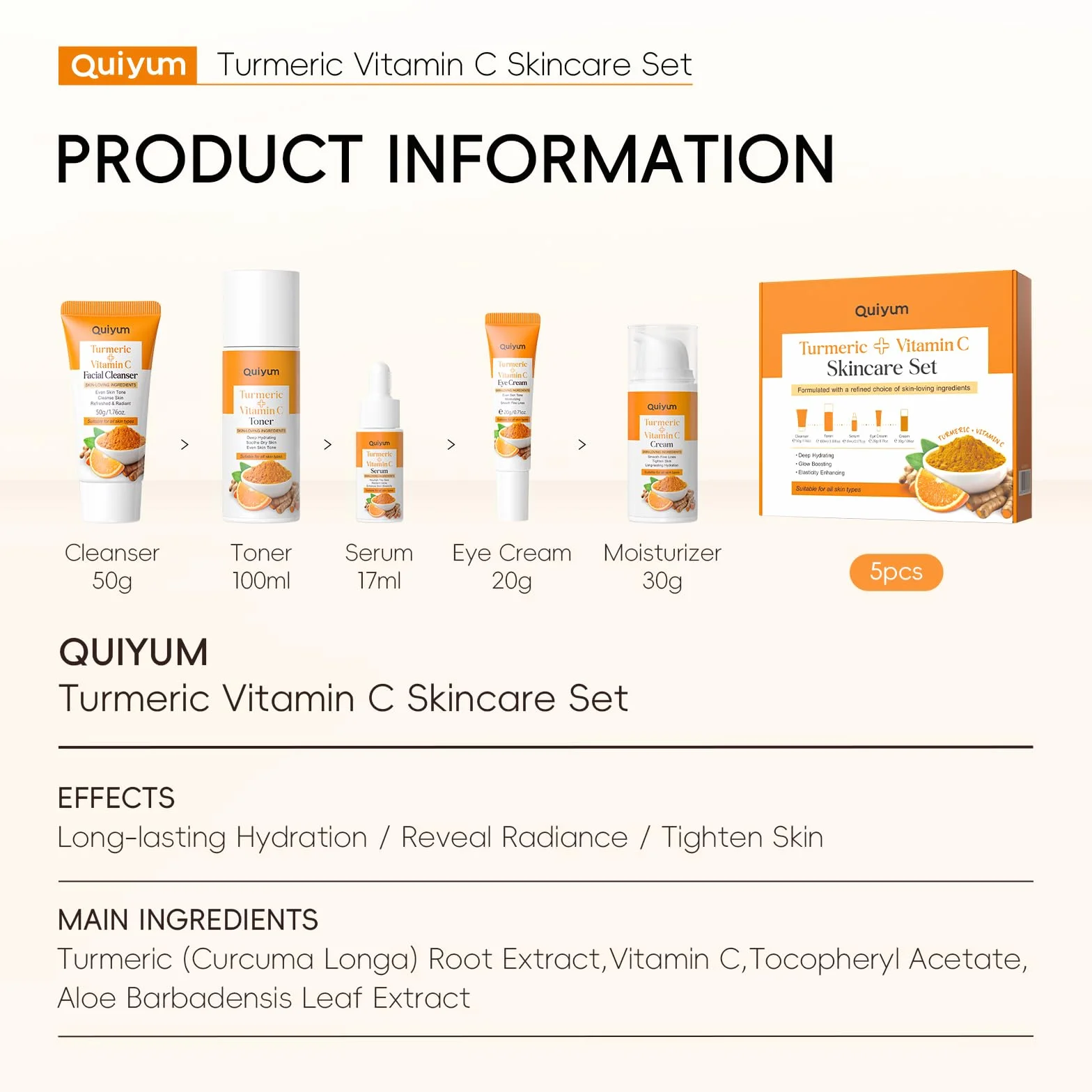 QUIYUM Coffret Soins Visage Curcuma Vitamine C 5 Pièces Hydratant Nettoyant Toner Crème Yeux Essence