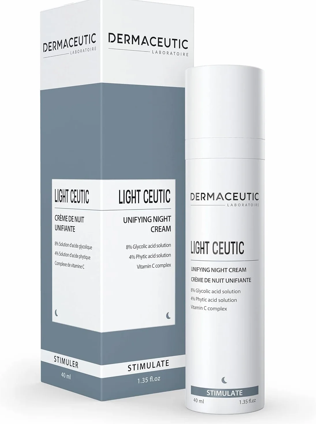 Light Ceutic de Dermaceutic - Crème de nuit unifiante contenant de l'Acide Glycolique en solution, de l'Acide Phytique en solution et un Complexe de Vitamine C - 40ml