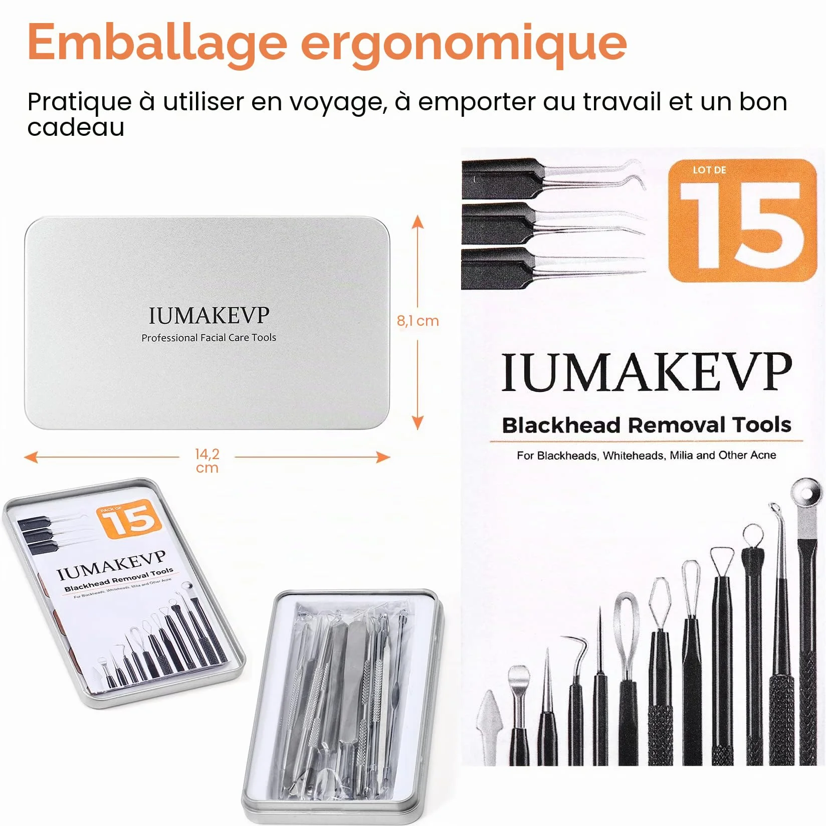 Extracteur Point Noir 15 Pièces Pince Professionnels Acier Inoxydable pour Enlever Boutons Acnés Visage - Blackhead Remover Outil Étui Métal Argent