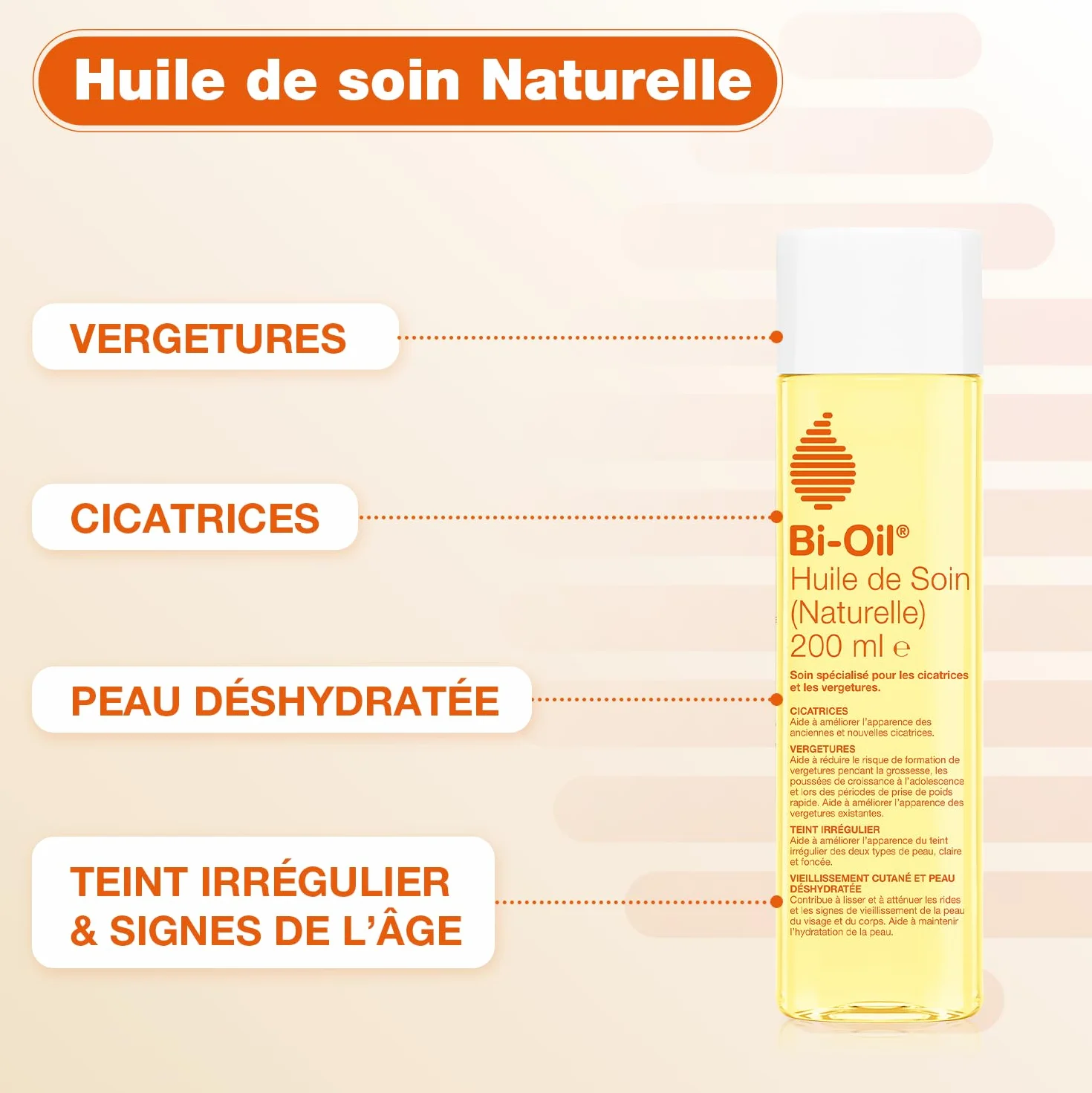 Bi-Oil Huile de Soin Naturelle pour Vergetures Cicatrices Peau Sèche Teint Irrégulier 125 ml