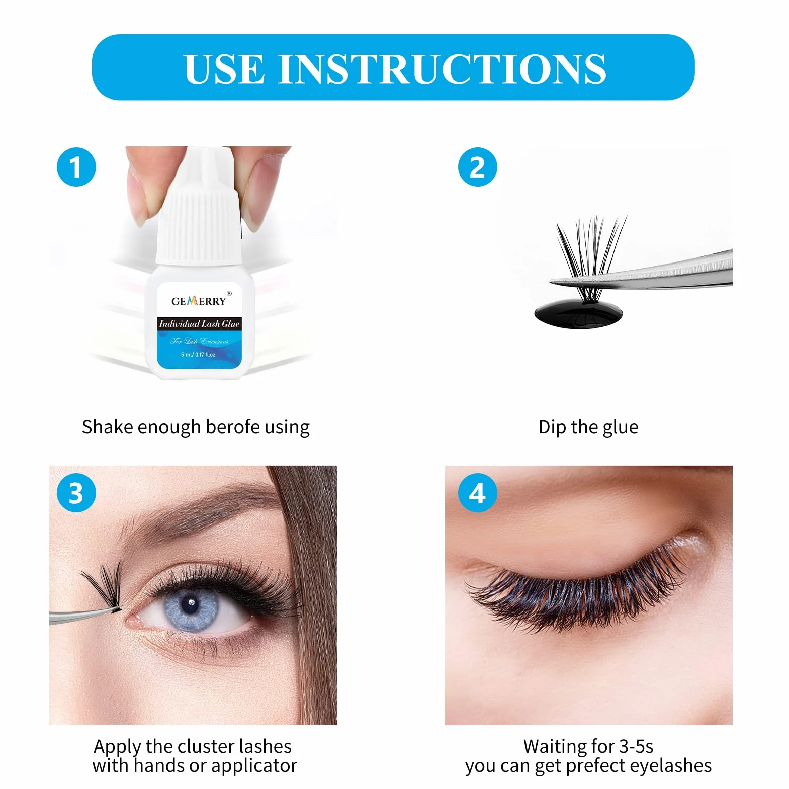 GEMERRY Colle à Cils Longue Durée 5ML Adhésif pour Extension Lash Imperméable