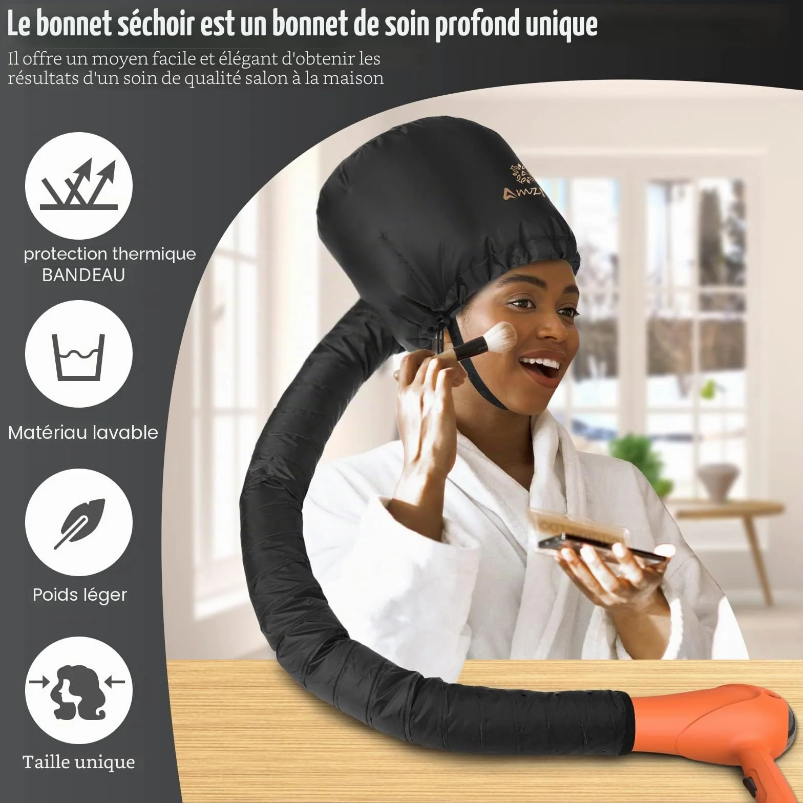 Fixation pour sèche-cheveux avec capuche, fixation douce et réglable pour sèche-cheveux extra large pour un séchage plus rapide à la maison, facile à utiliser pour le coiffage, le bouclage et