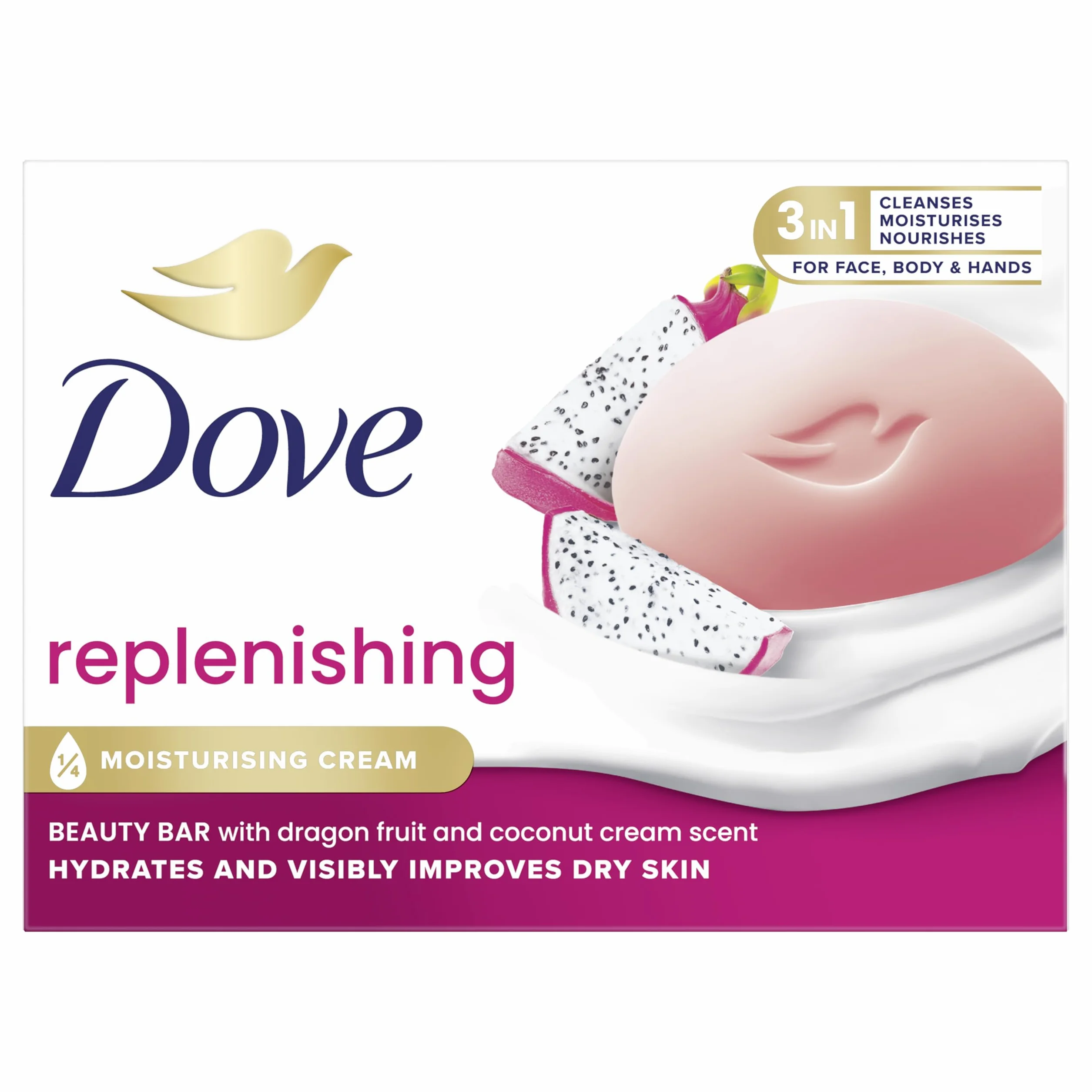 Dove Beauty Bar Savon Dragon Fruit Visage Corps 90ml Crème Hydratante Testée Dermatologiquement