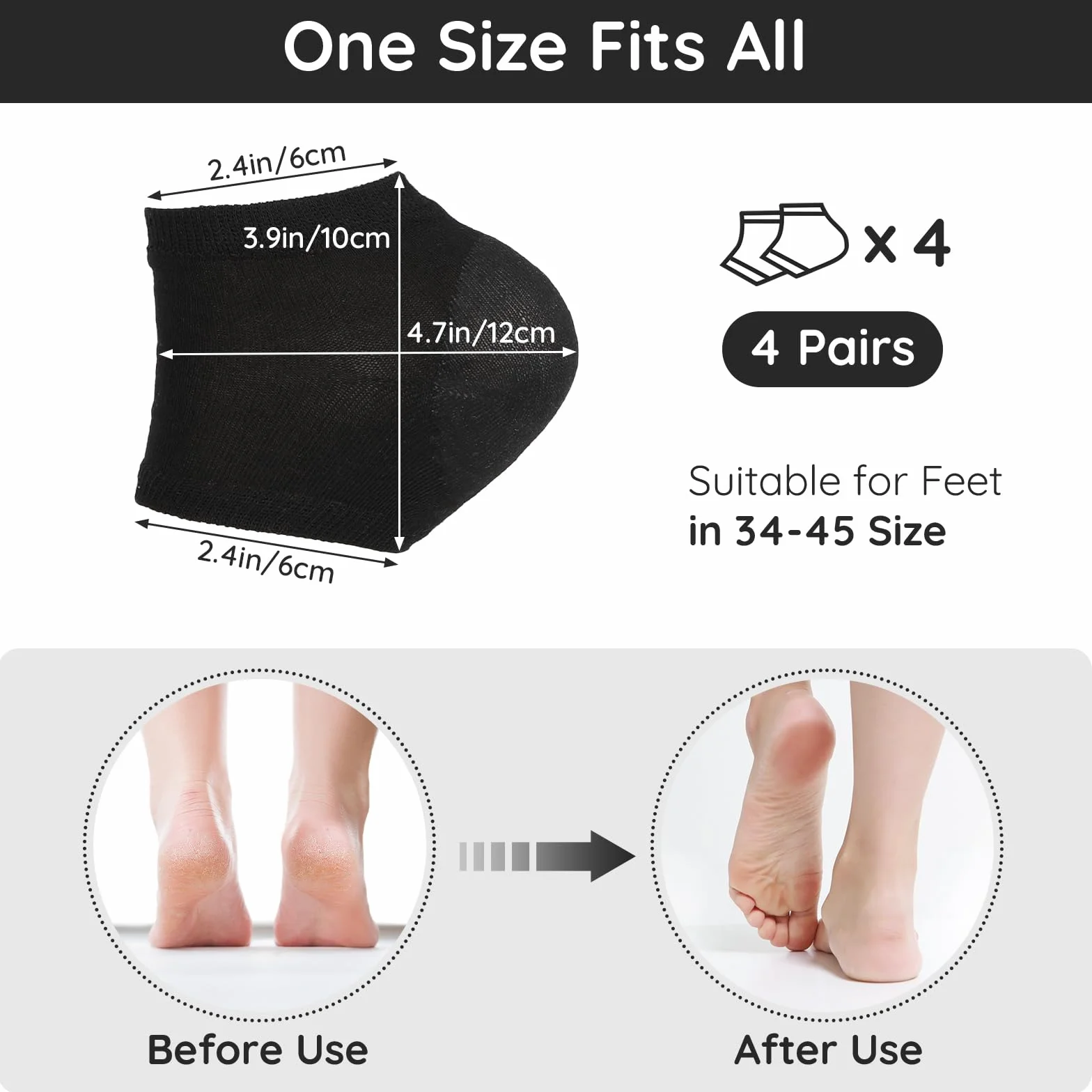 Segbeauty Chaussettes à Bout Ouvert en Gel, 4 Paires, Chaussettes Hydratantes pour Pieds Secs en Silicone (Noir)