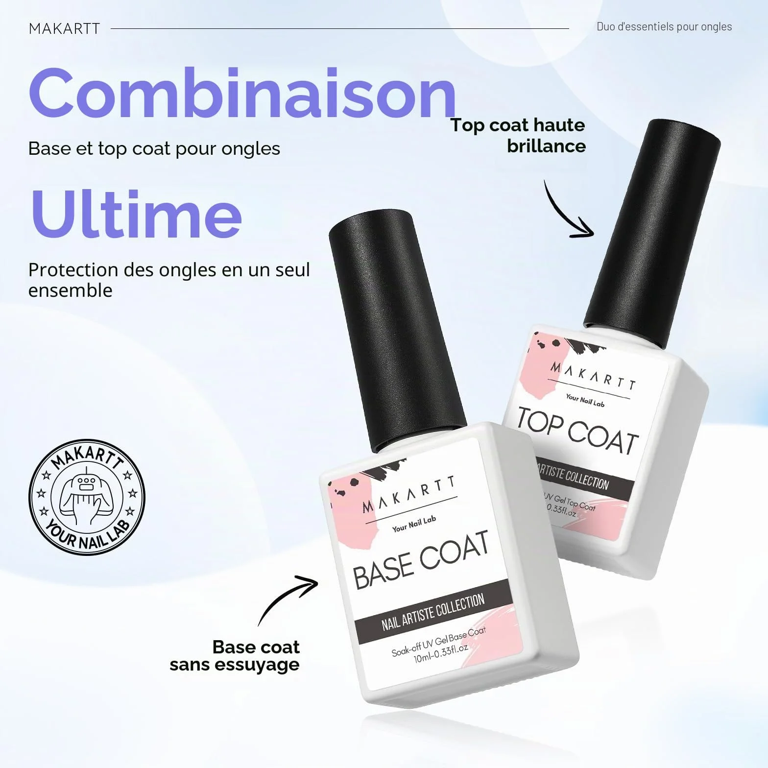 Makartt Top Coat Semi Permanent Base Top Coat Vernis à Ongles Gel Longue Tenue Finition Brillante Lampe UV LED Nécessaire 2Pcs