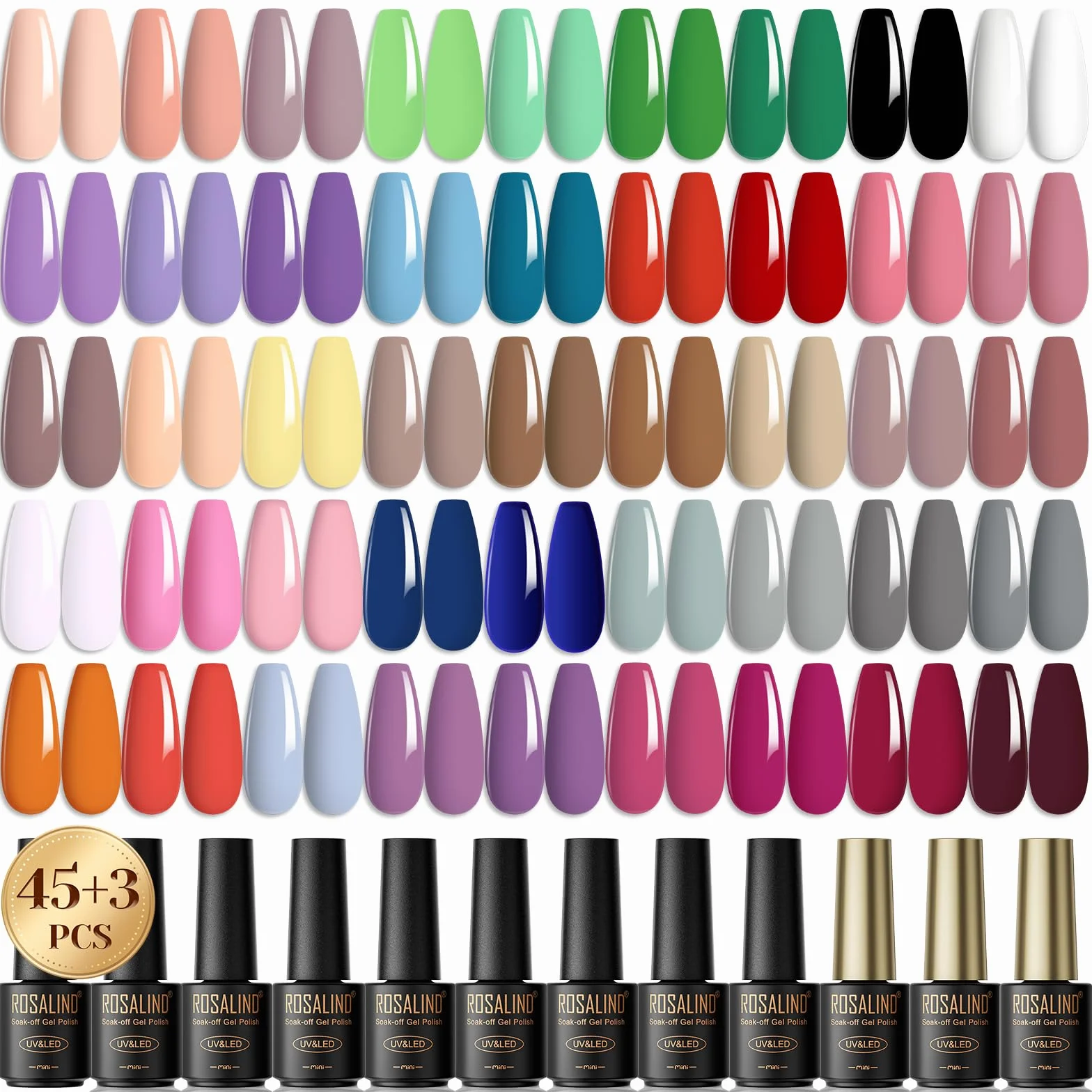 ROSALIND Vernis à Ongles Gels Semi Permanent 48 Pcs, 45 Couleurs + 1Base ＋1 Top Coat Brillant ＋1 Top Coat Matte, Lot Mini Nu Gris Vert Violet UV LED
