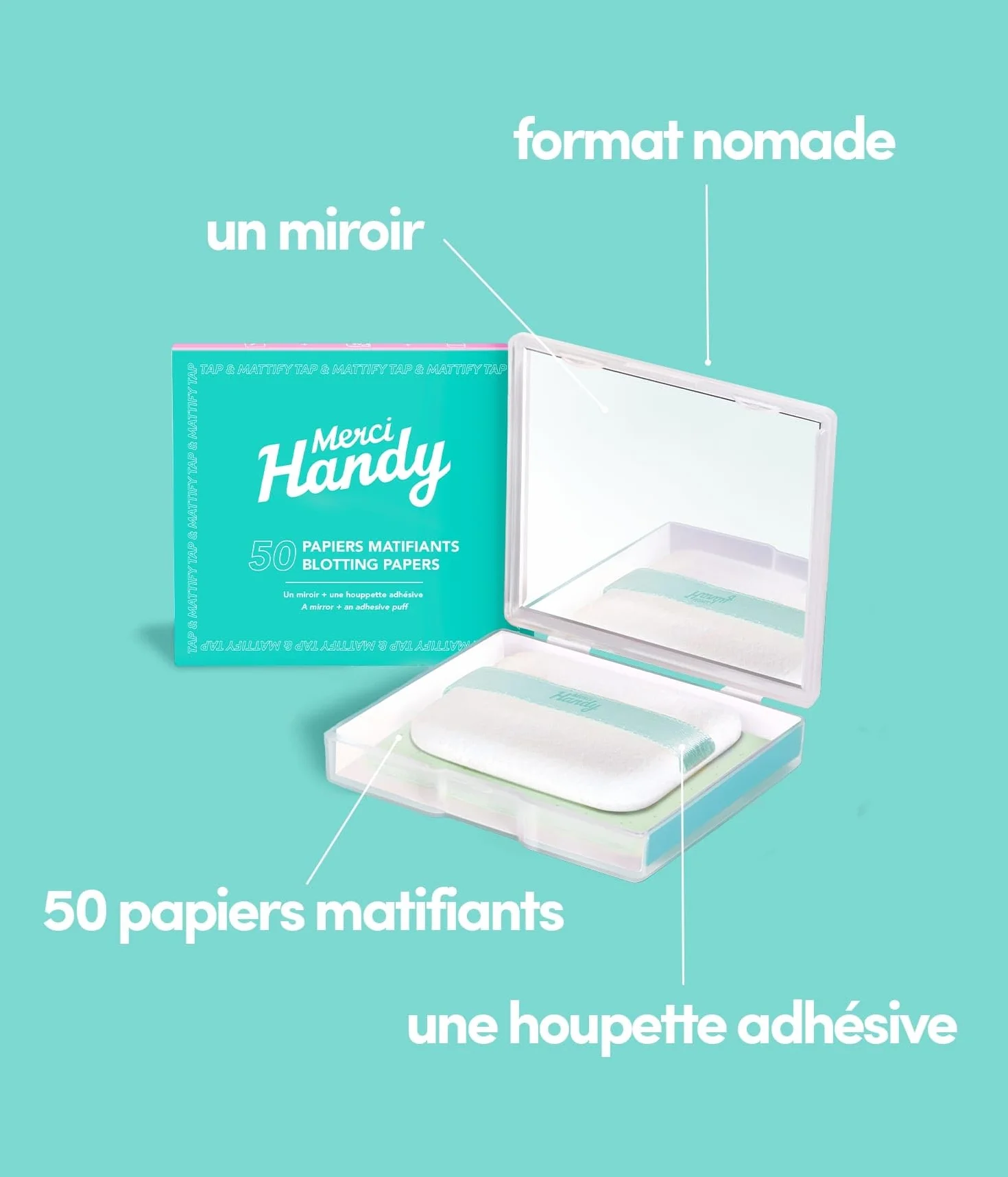 Merci Handy Papiers Matifiants 50 Feuilles Miroir Houppette Retouche Quotidienne Absorption Instantanée