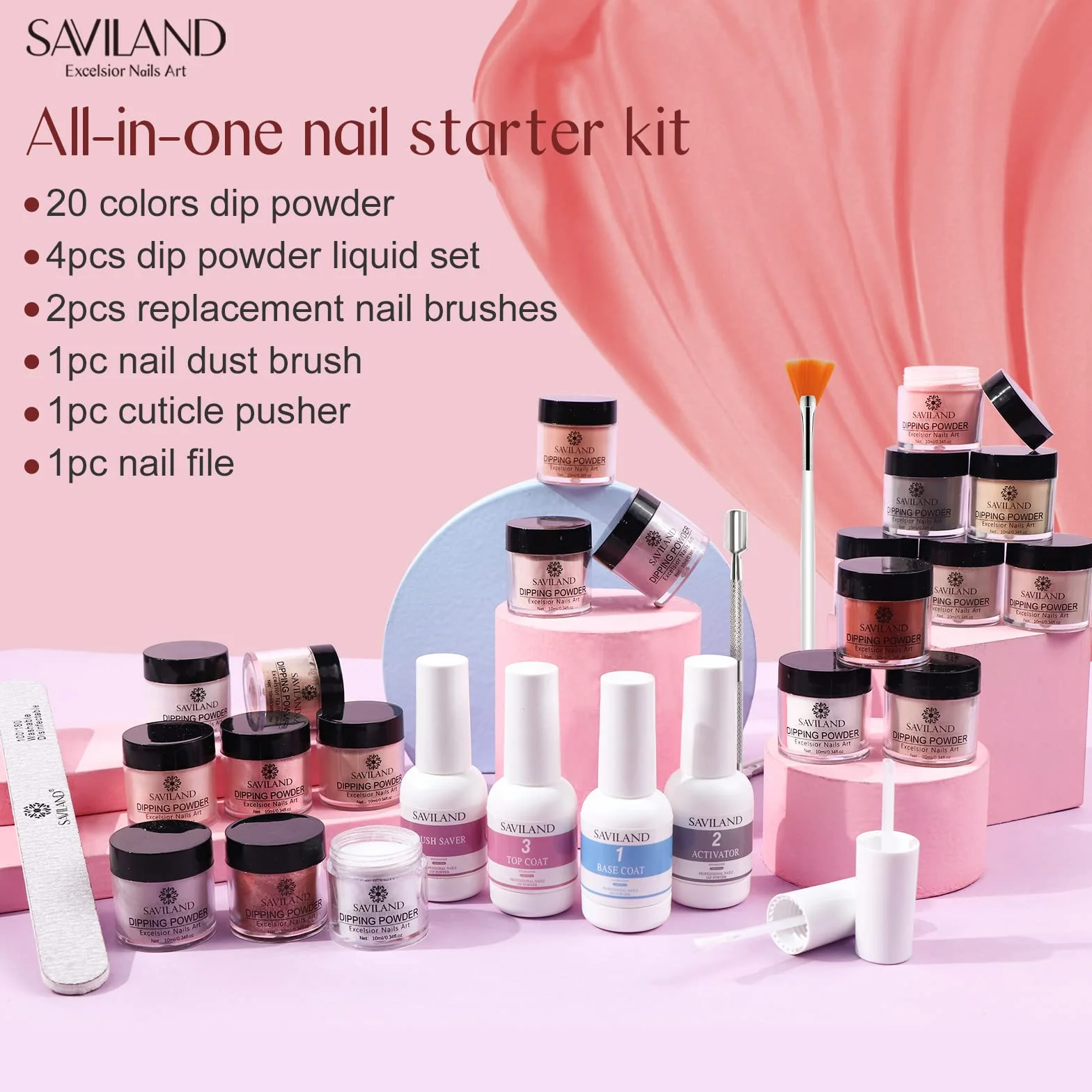 Saviland Dip Powder Nail Kit 29 Pcs - 20 Couleurs Blanc Clair Nude Set avec Base Top Coat Activateur Brush Saver