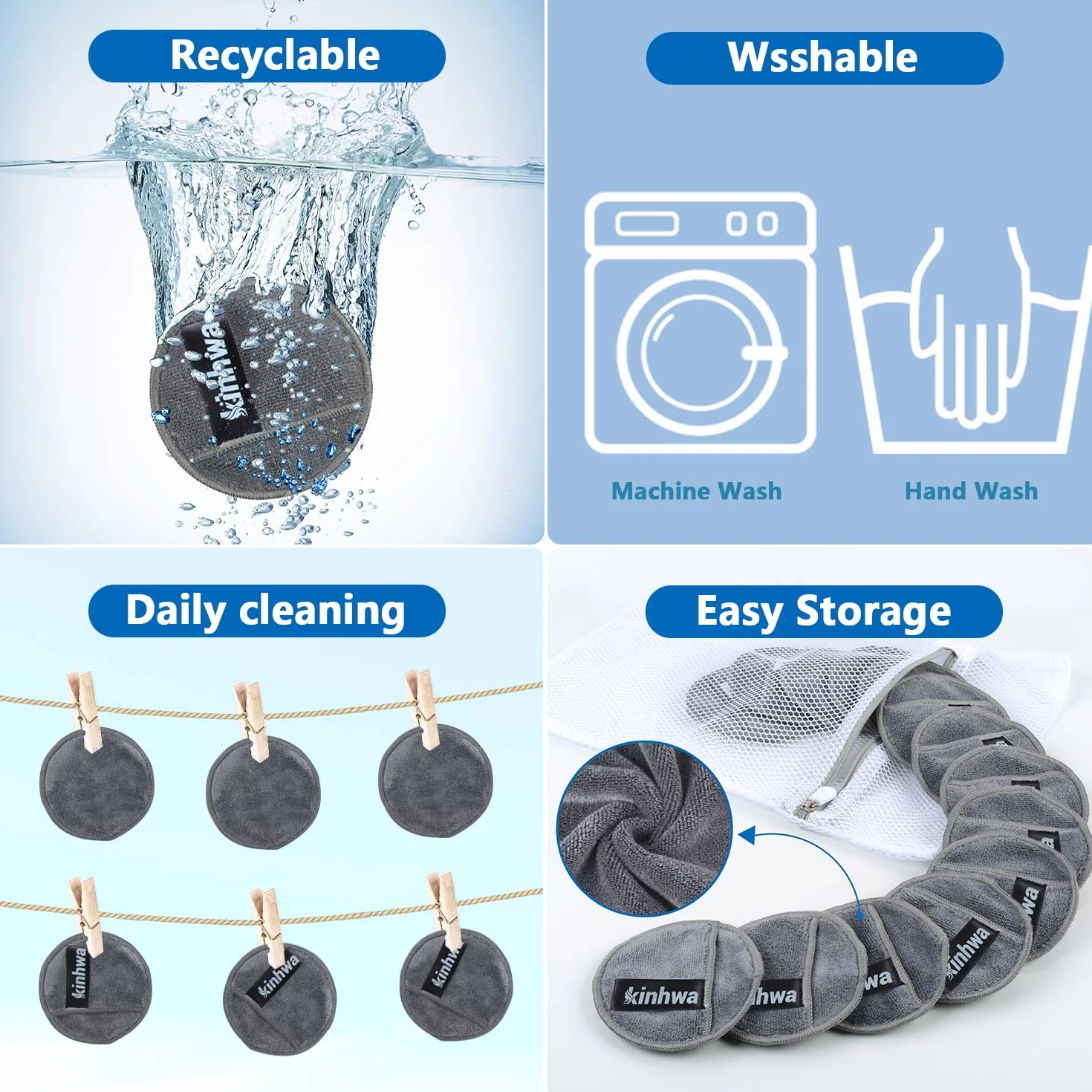 KinHwa Disques démaquillants réutilisables en microfibre, ronds, pour le visage, les yeux et les lèvres, lavables, pour tous types de peau, gris, 20 pièces