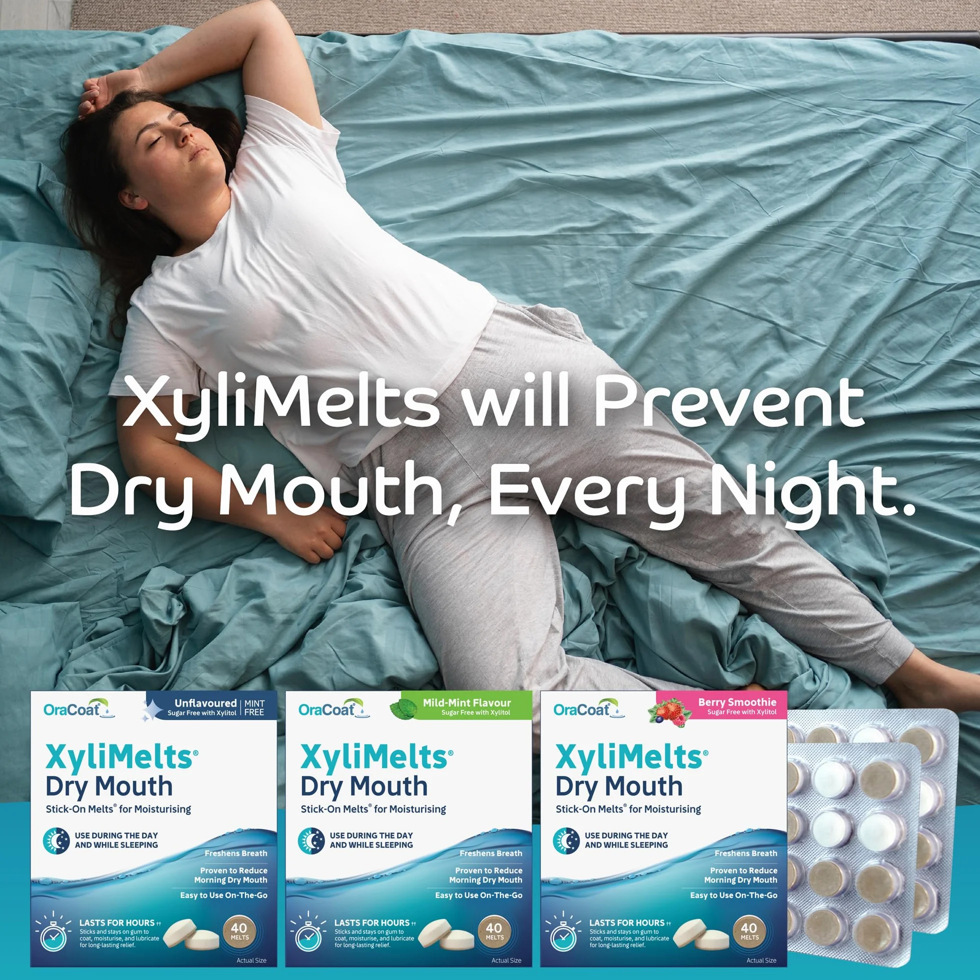 Xylimelts Bouche Sèche 40 Pastilles Adhérentes Menthe Douce Xylitol sans Sucre Action 8h